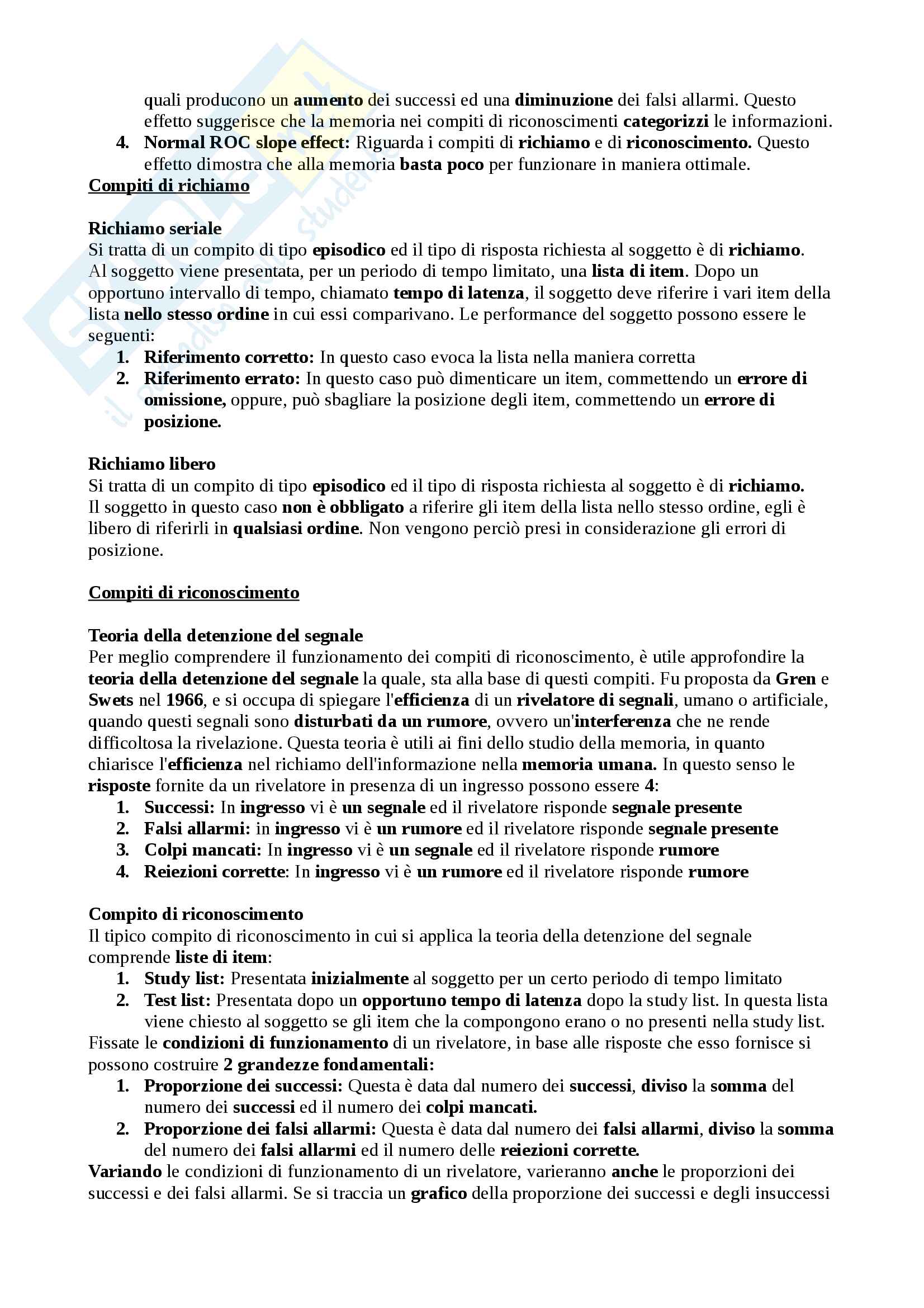 Riassunto esame Psicologia generale della sezione Memoria, Docente Eliano Pessa Pag. 2