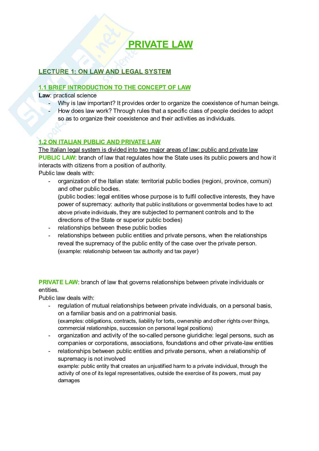 Riassunto esame Private law, Prof. Reali Alessio, libro consigliato Lecture on Italian Private Law , Reali Pag. 1