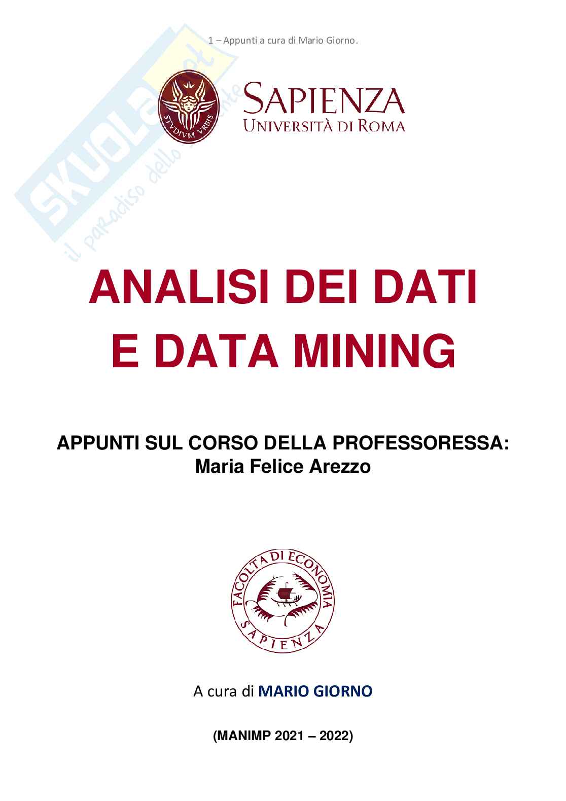 Appunti di Analisi dei Dati e Data Mining Pag. 1