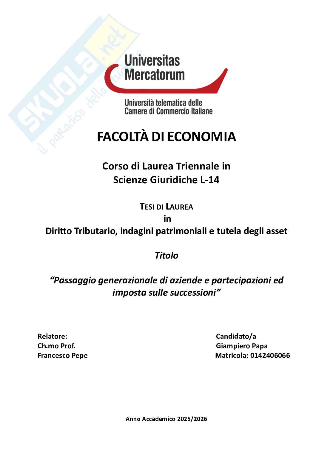 Passaggio generazionale di aziende e partecipazioni ed imposta sulle successioni Pag. 1