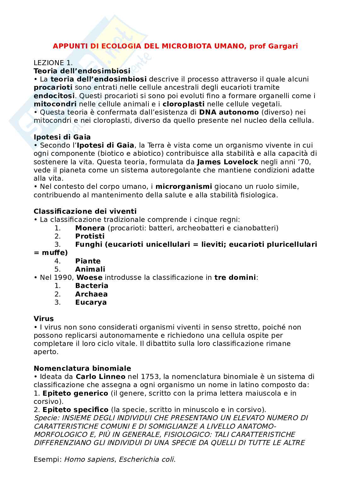 Appunti di Qualità e sicurezza microbiologica nei sistemi alimentari ed ecologia del microbiota umano Pag. 1