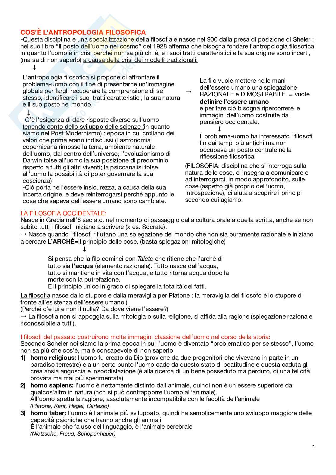 Appunti per l'esame di Antropologia filosofica   Pag. 1