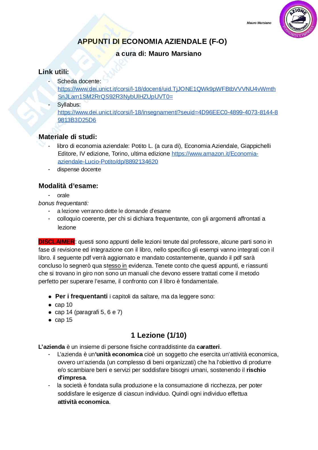 Riassunto esame Economia aziendale, Prof. Leotta Antonio, libro consigliato Economia aziendale, Potito Pag. 1