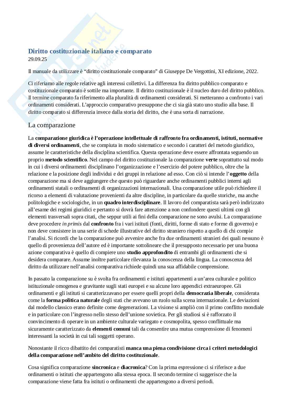 Riassunto esame Diritto costituzionale , Prof. Pilia Luca, libro consigliato Diritto costituzionale comparato , De Vergottini  Pag. 1