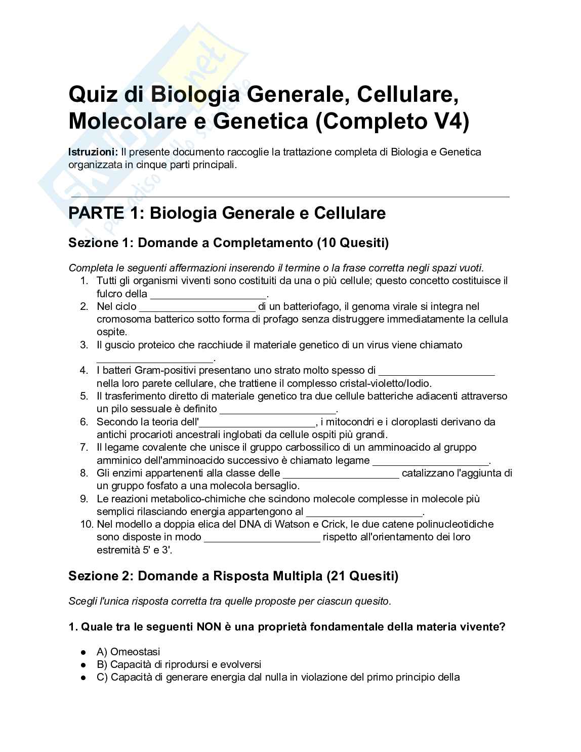 200+ Quiz Biologia generale, cellulare, molecolare e genetica svolti e commentati - Semestre Filtro 2026/2027 Pag. 1