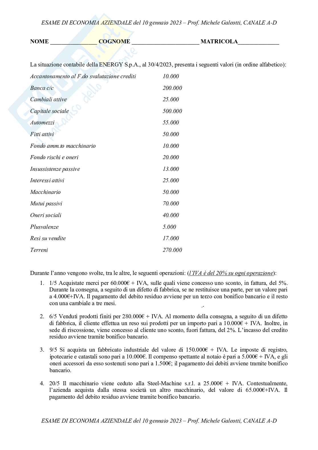 Prova d’esame svolte Economia aziendale Pag. 1