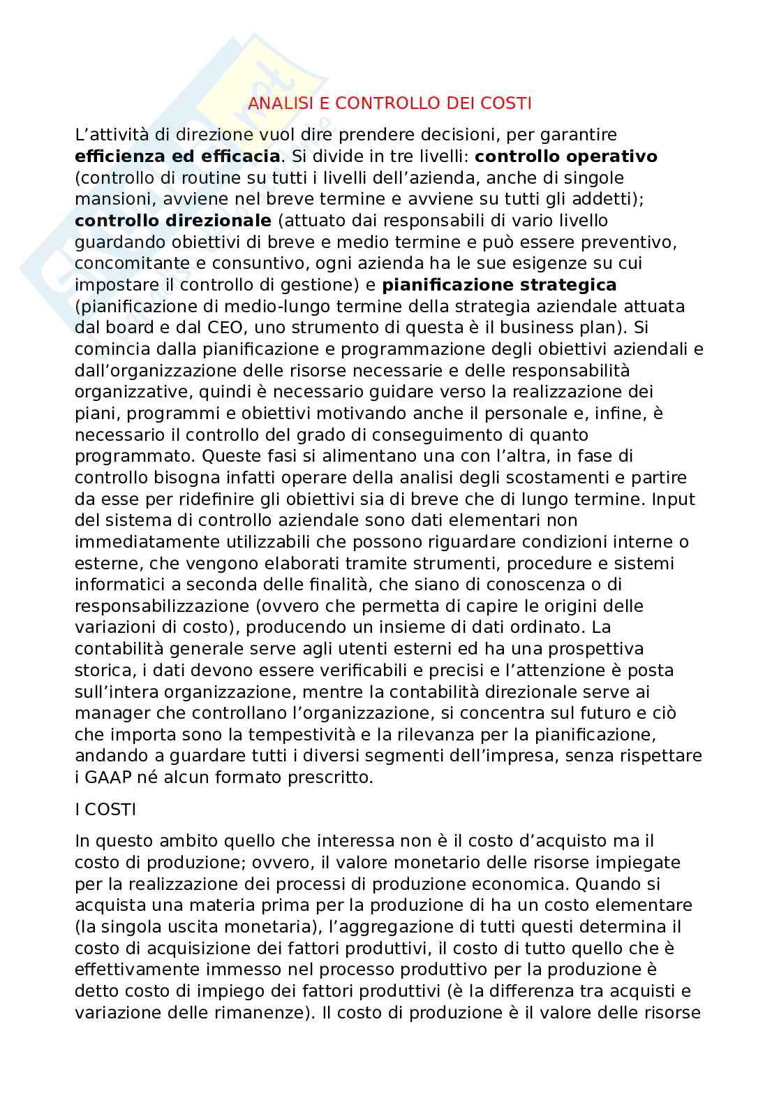 Appunti per Analisi e controllo dei costi Pag. 1
