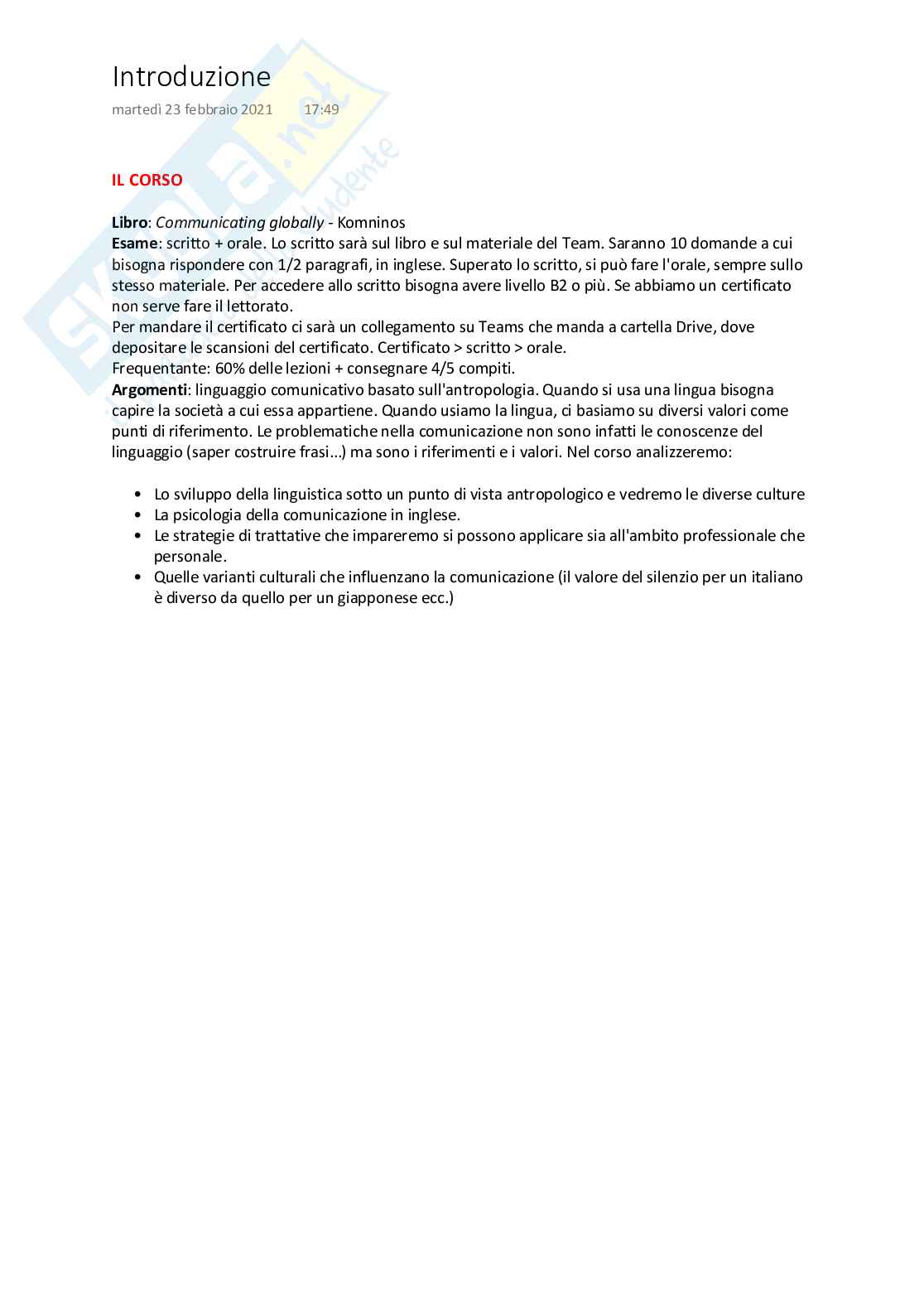 Appunti di lingua e comunicazione inglese I Pag. 1