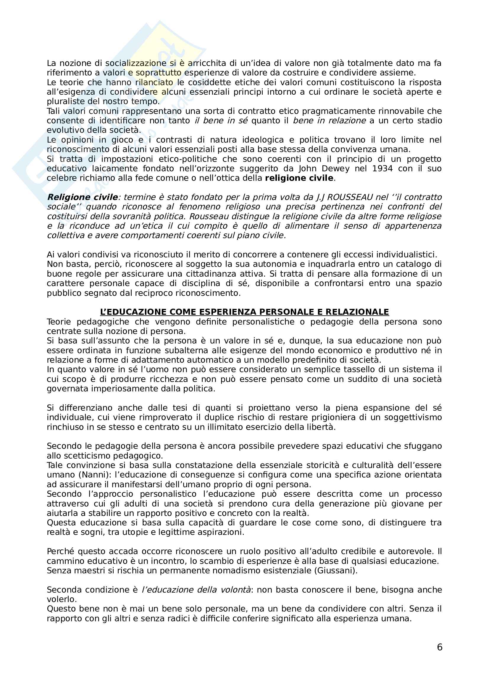 Riassunto esame pedagogia generale, docenti Chiosso e Nosari, libro consigliato I Significati dell'educazione. Teorie Pedagogiche e della formazione contemporanee, Chiosso Pag. 6