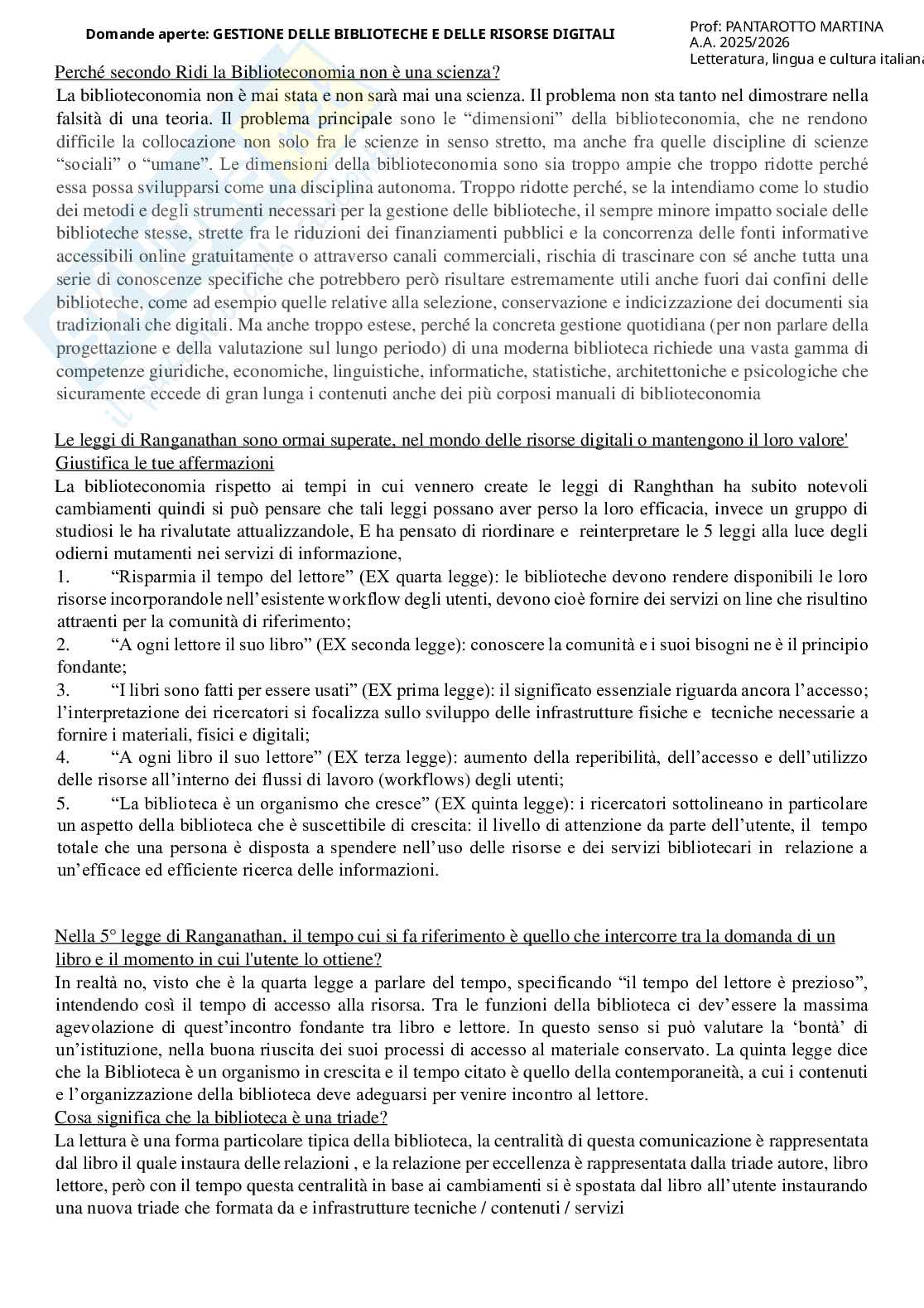 Domande aperte paniere di Gestione delle biblioteche e delle risorse digitali Pag. 1