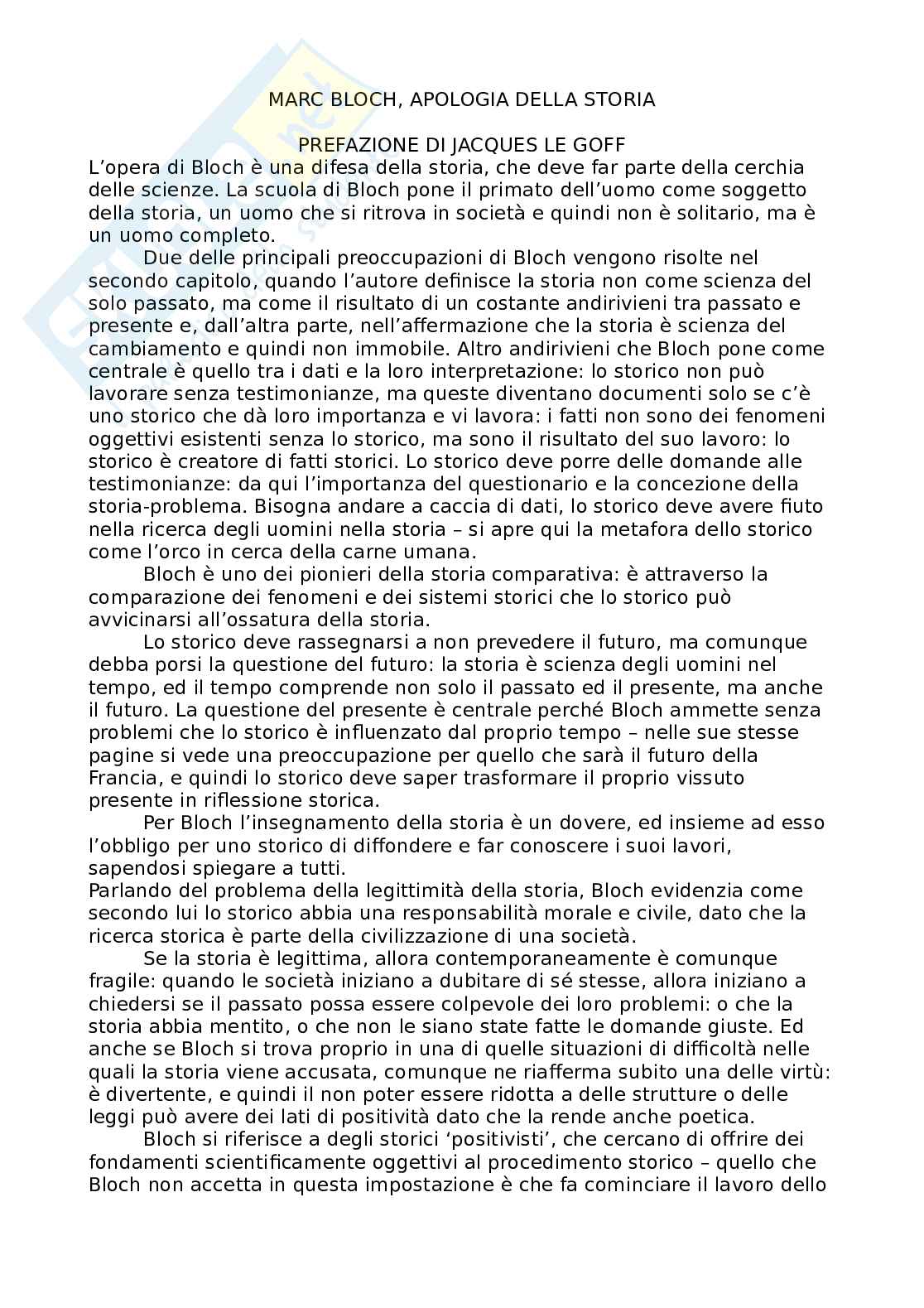 Riassunto esame Storia, Prof. Rimini Carlo Pirro, libro consigliato Apologia della storia, Bloch Pag. 1
