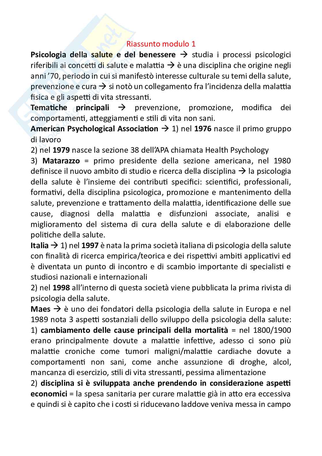 Appunti Psicologia della salute e del benessere Pag. 1