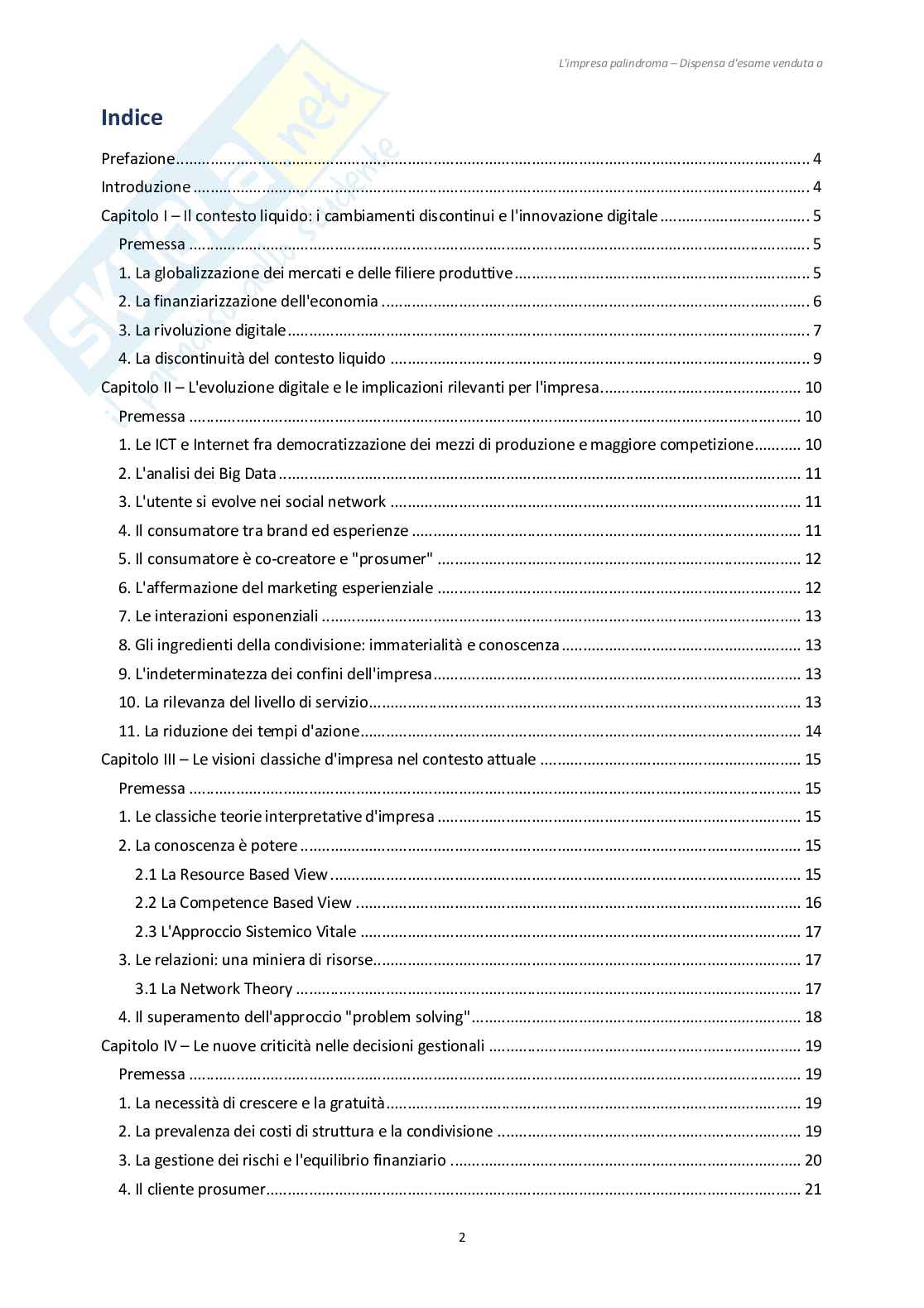 Riassunto esame Governo e gestione delle organizzazioni nell'evoluzione digitale, Prof. Santovito Savino, libro consigliato L'Impresa palindroma, Savino Pag. 2