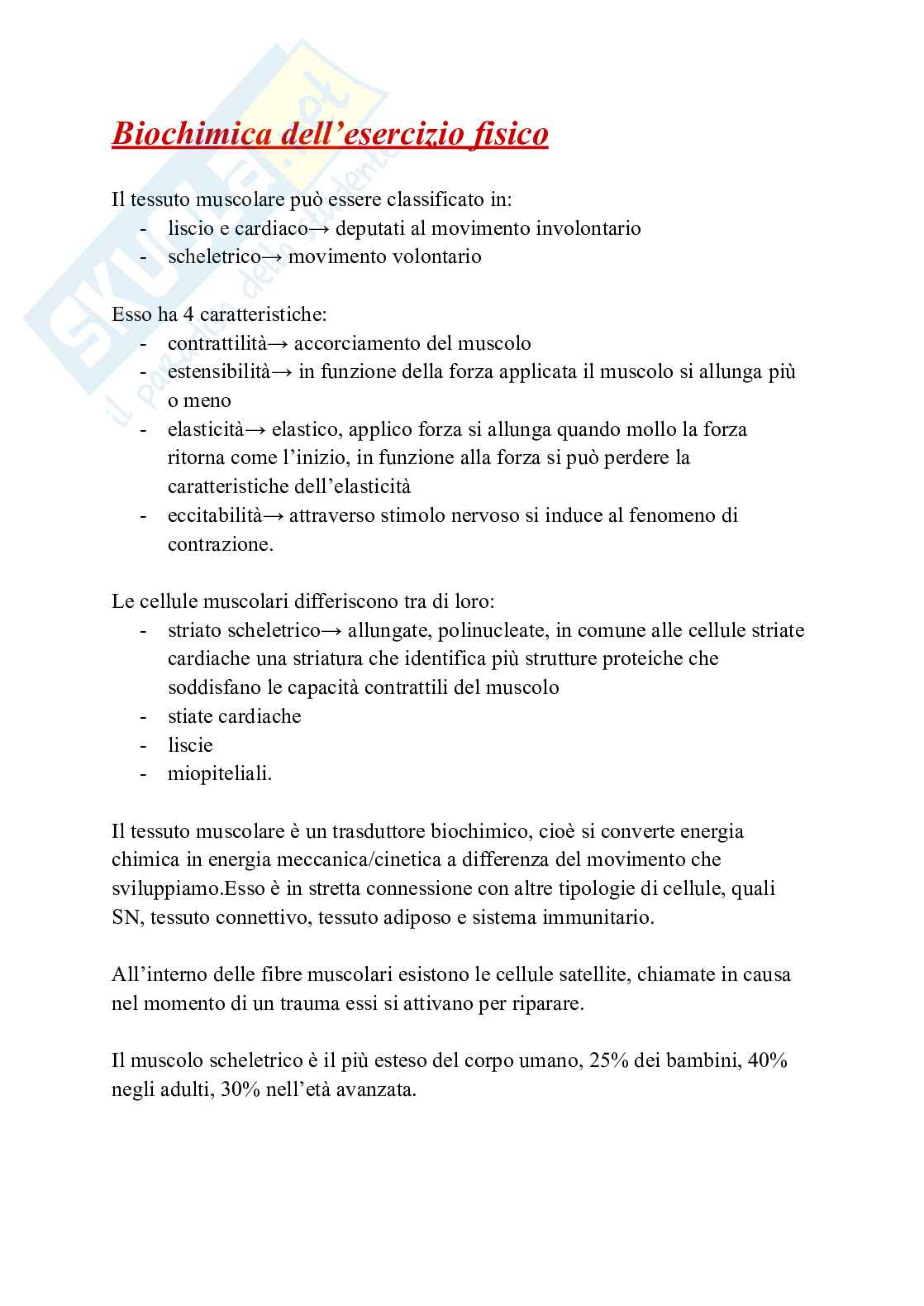 Biochimica dell’esercizio fisico: meccanismi di contrazione e adattamento ad allenamento  Pag. 1