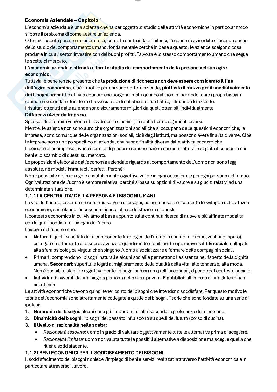 Riassunto esame Elementi di economia aziendale per le Istituzioni culturali, Prof. Russo Salvatore, libro consigliato Economia aziendale tra tradizione e innovazione, Bagnoli Pag. 1