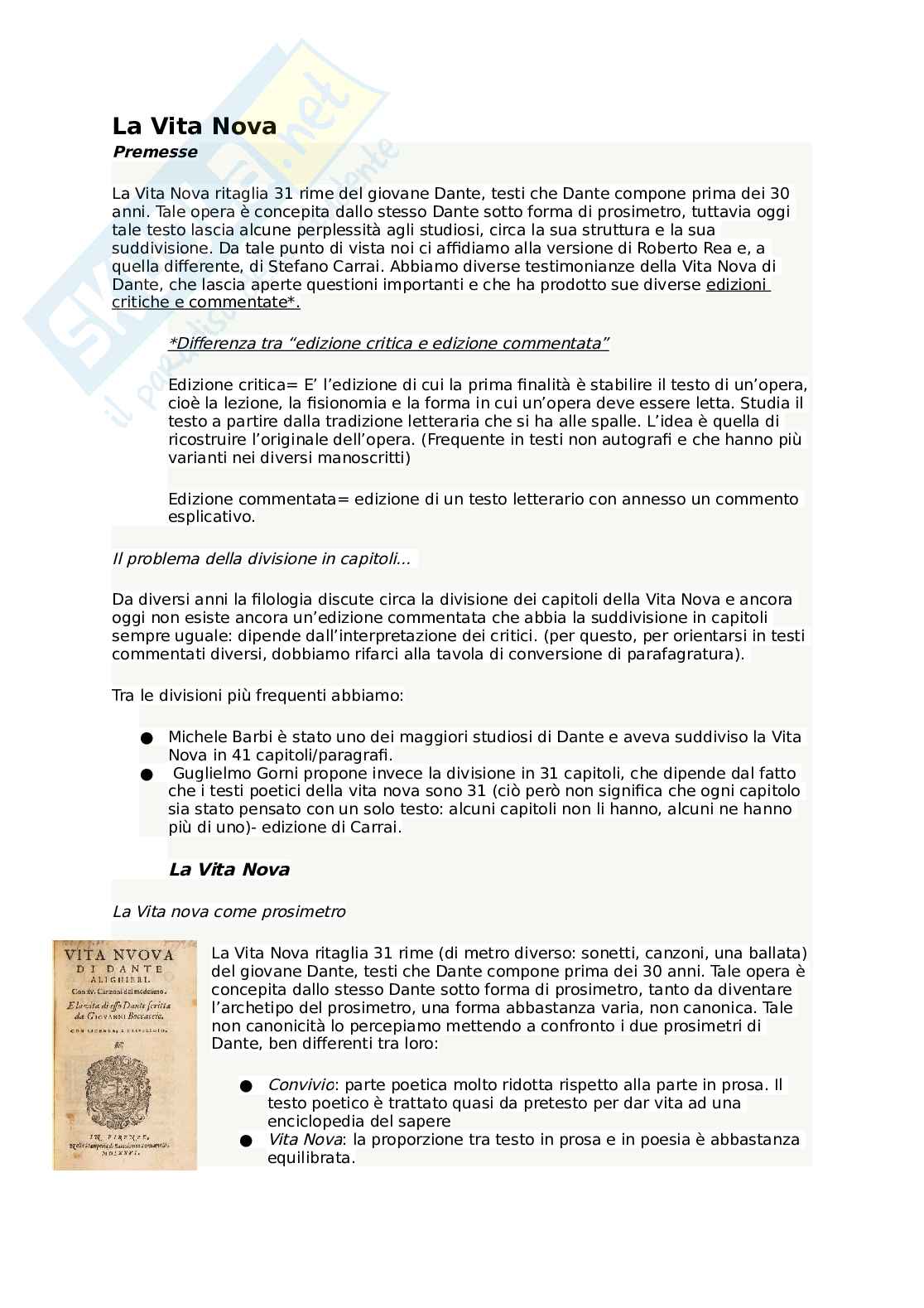 Riassunto esame Letteratura italiana, Prof. Baldassarri Gabriele, libro consigliato Vita Nova a cura di Stefano Carrai; Guida alla Vita Nova di Roberto Rea, Carrai, Rea Pag. 1