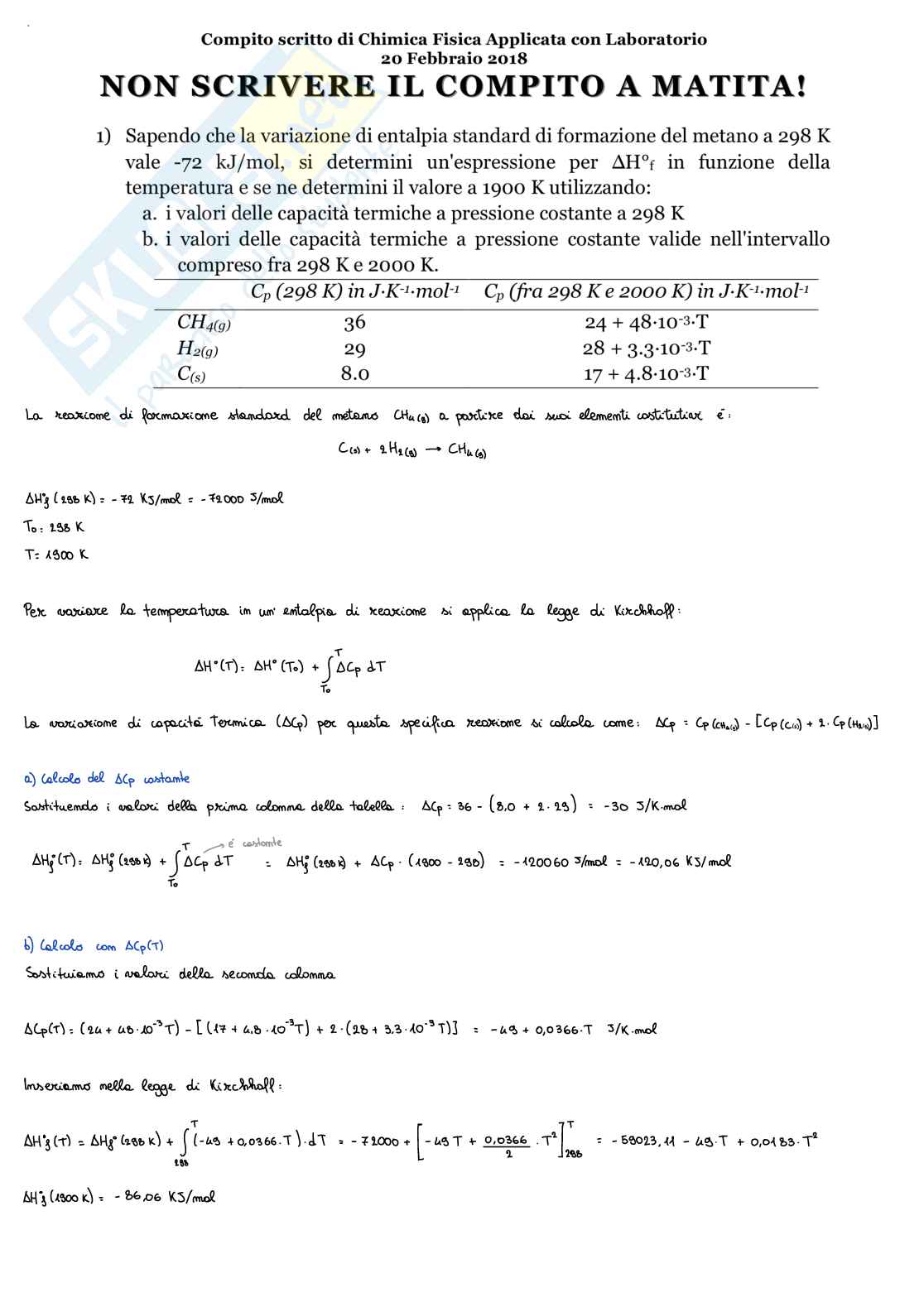 Esame svolto di Chimica fisica applicata - febbraio 2018 e luglio 2017 Pag. 1