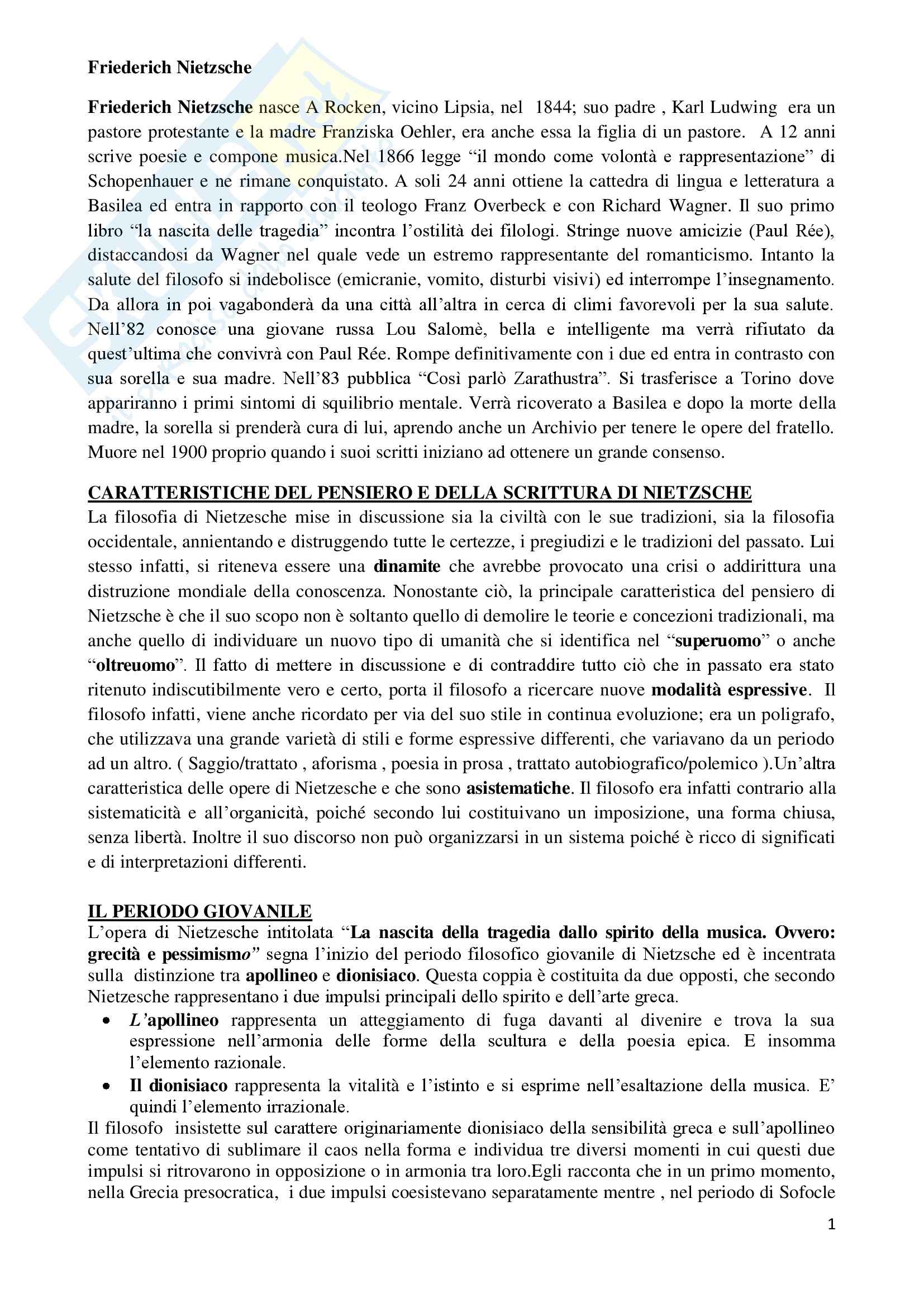 Storia della filosofia -  Nietzsche Pag. 1