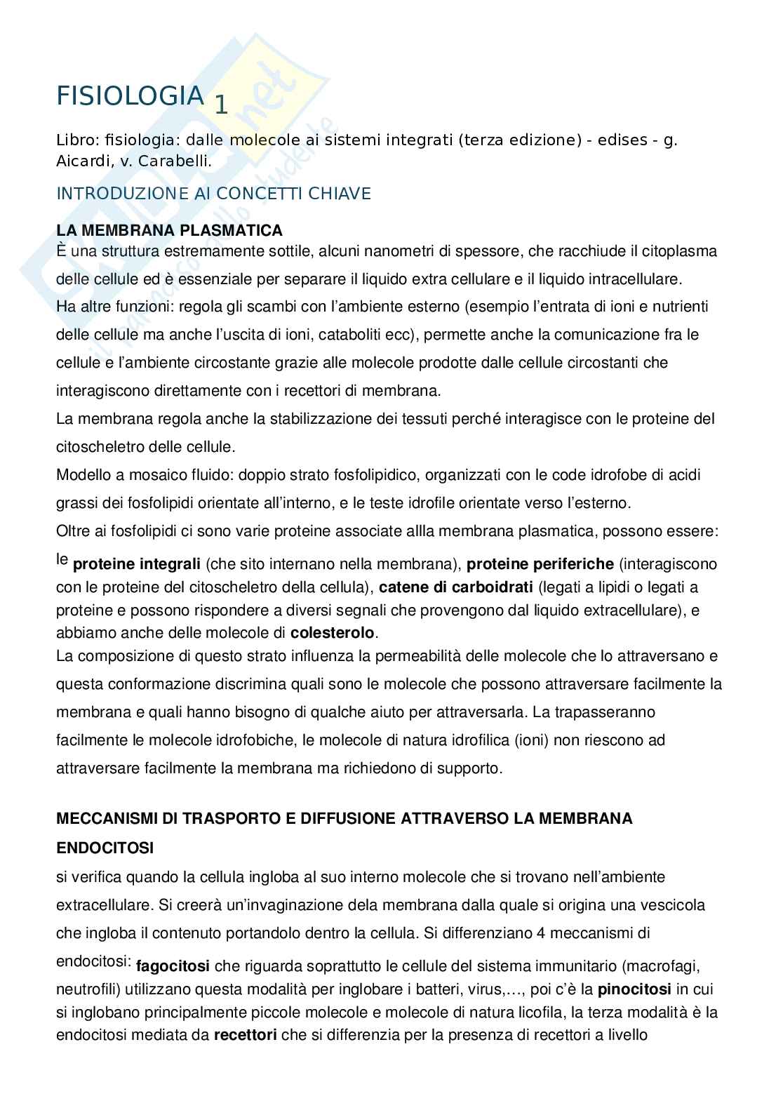 Appunti Fisiologia 1 e 2 Pag. 1