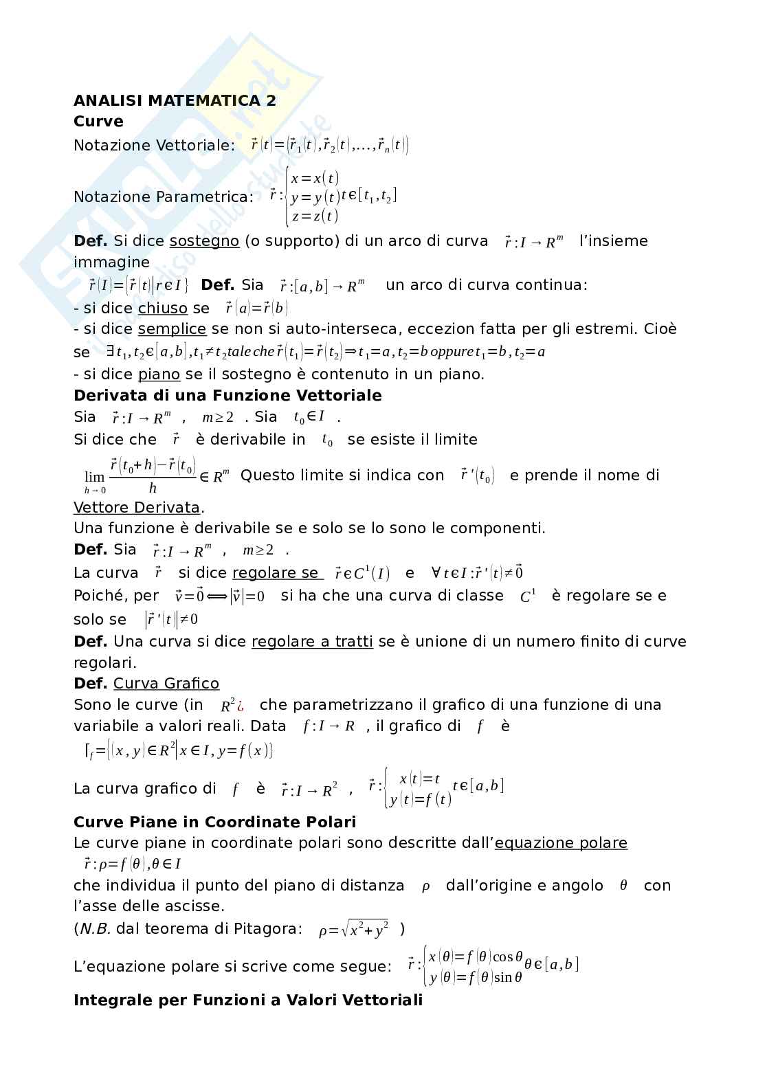 Teoria importante di Analisi matematica 2 Pag. 1