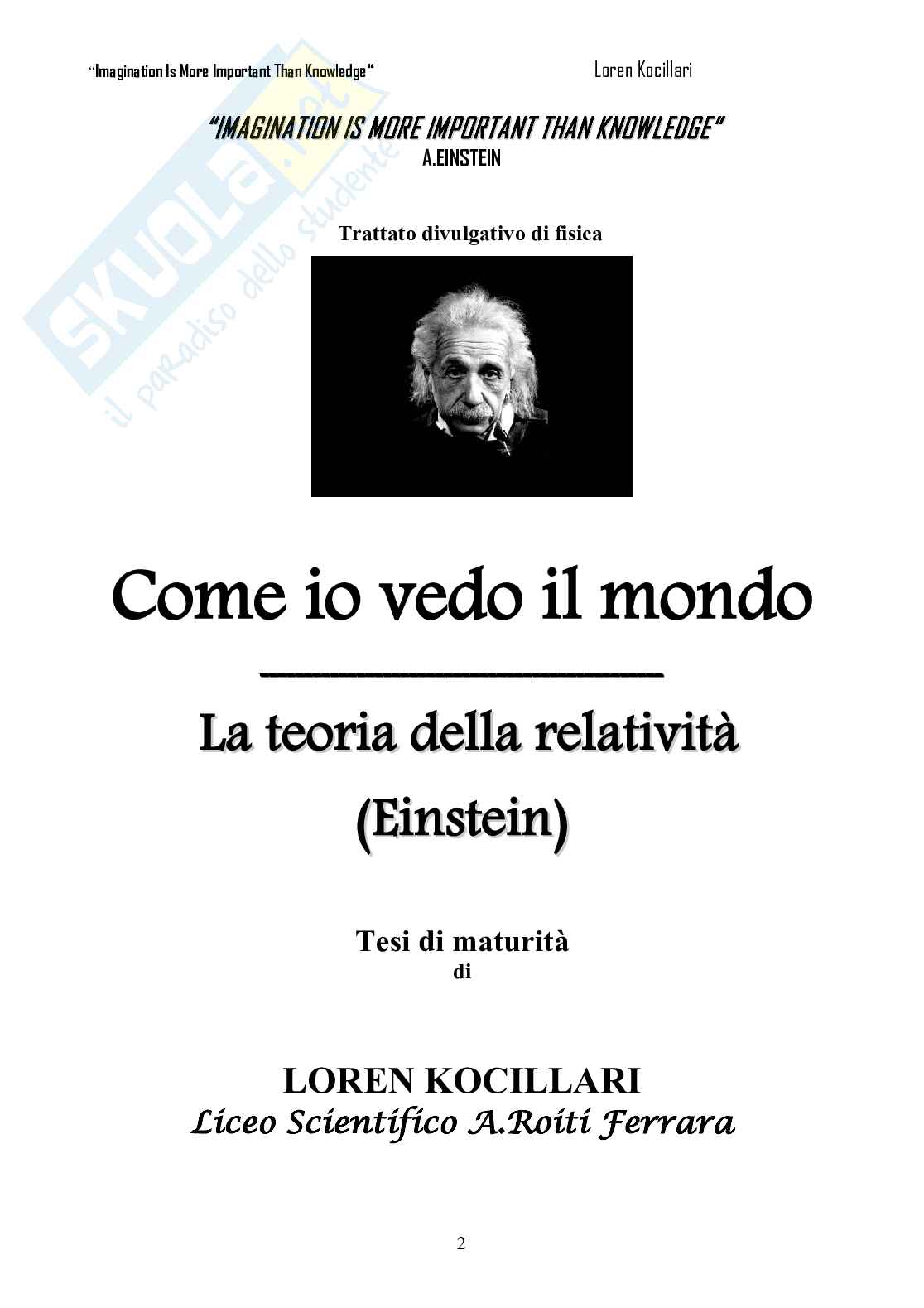 Fisica: La Teoria della Relatività (Einstein) Pag. 1