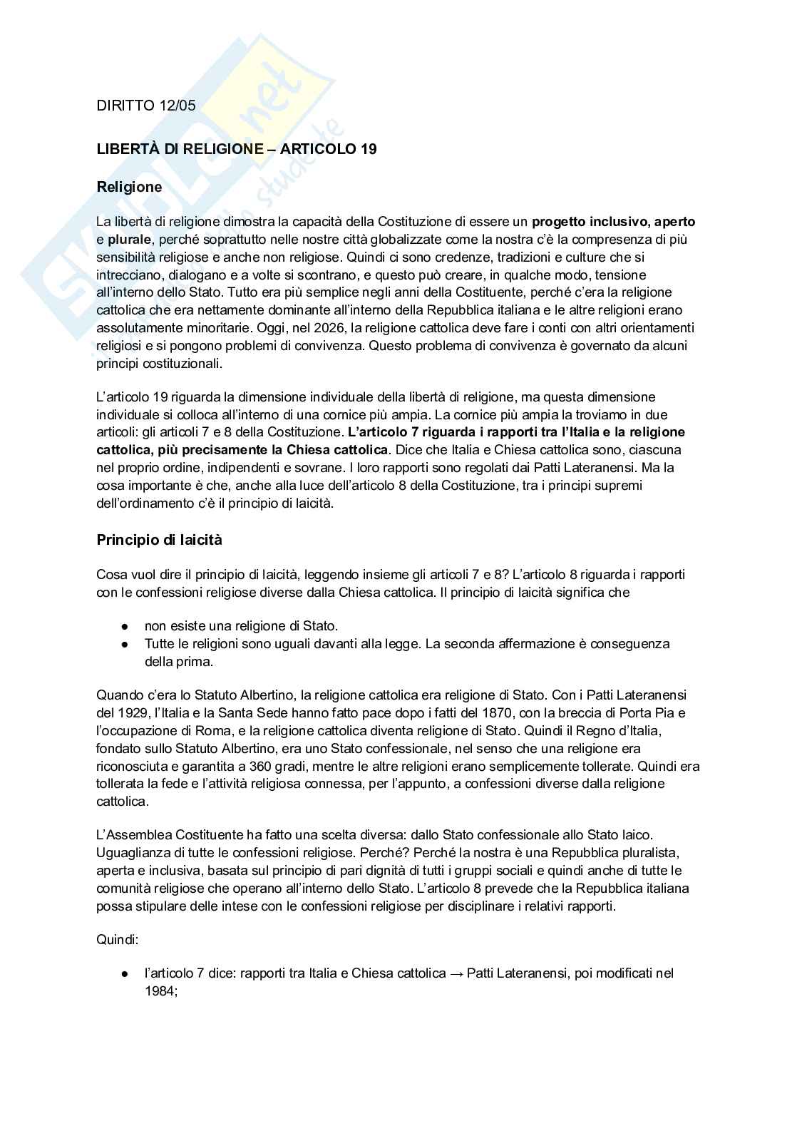  Libertà di religione e il principio di laicità dello Stato (Articoli 7, 8 e 19 della Costituzione) Pag. 1