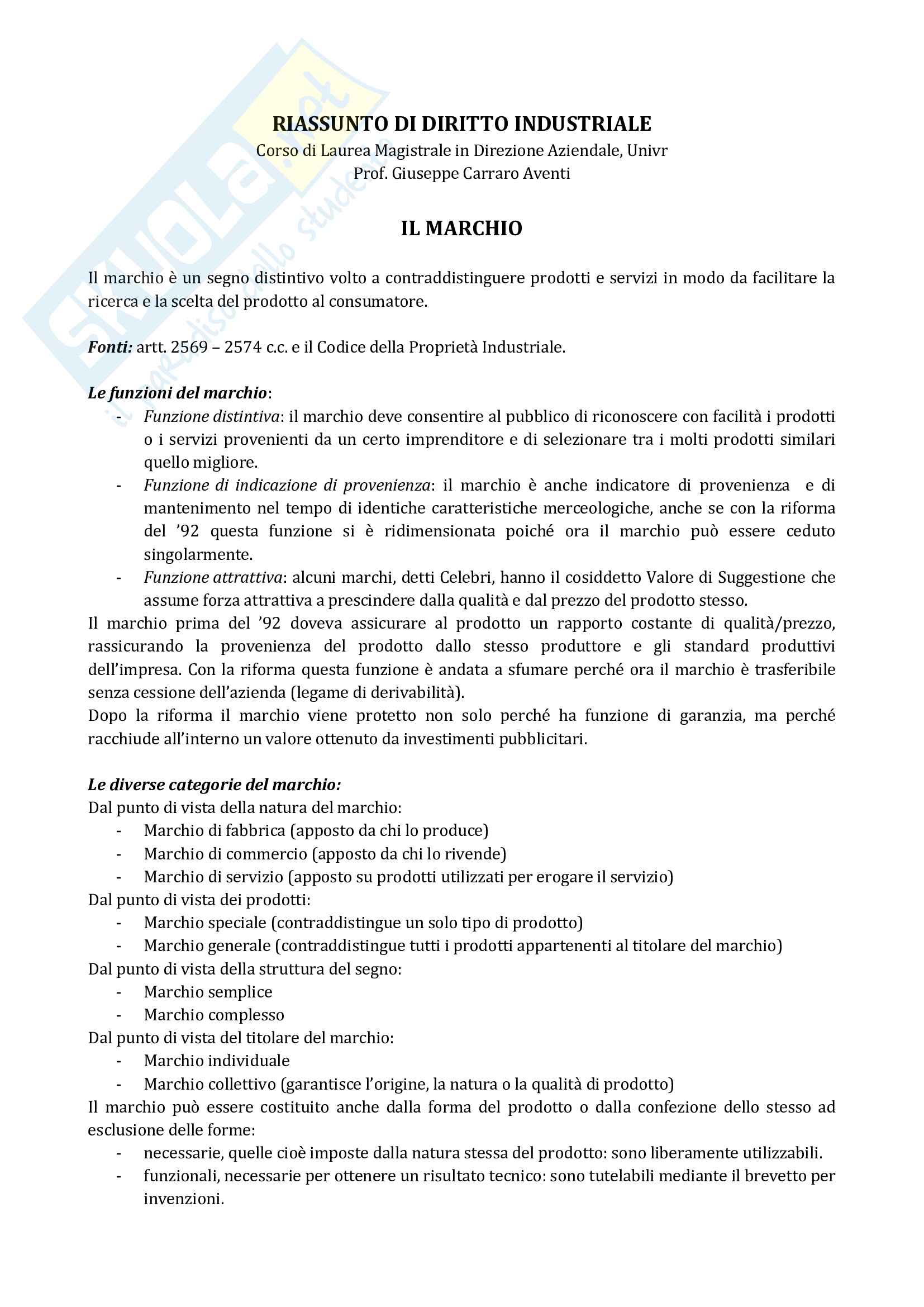 Riassunto di Diritto Industriale Pag. 1