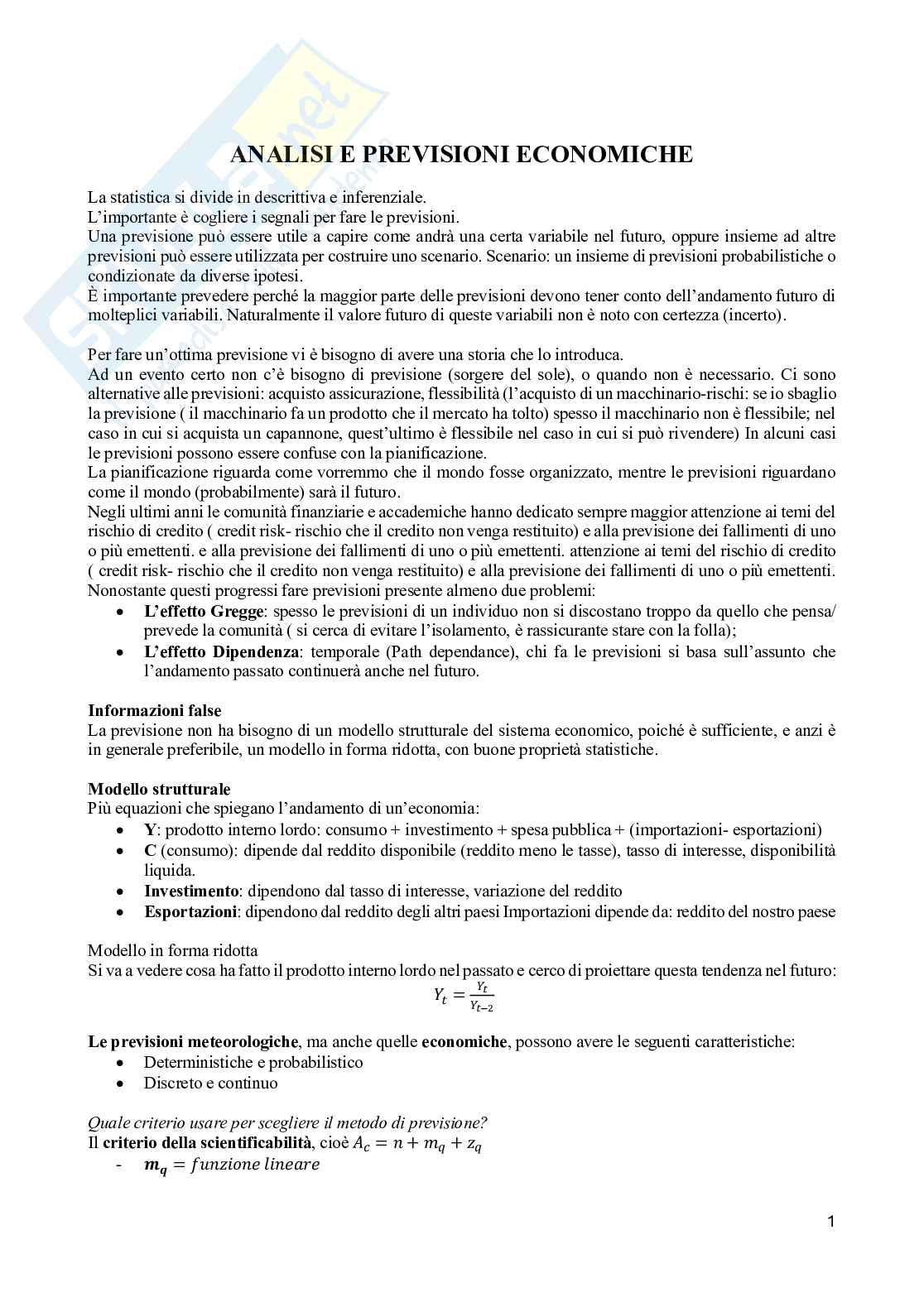Appunti di Analisi e previsioni economiche Pag. 1