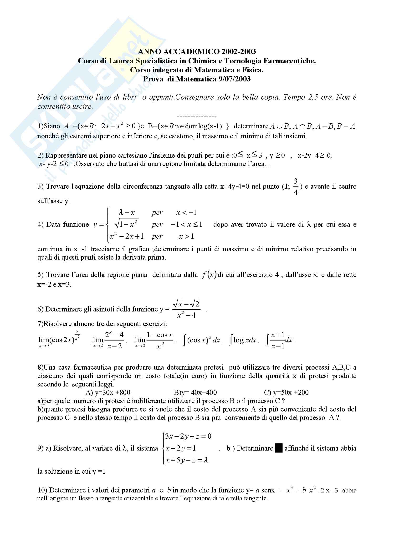 Matematica - Esercizi esame Pag. 11