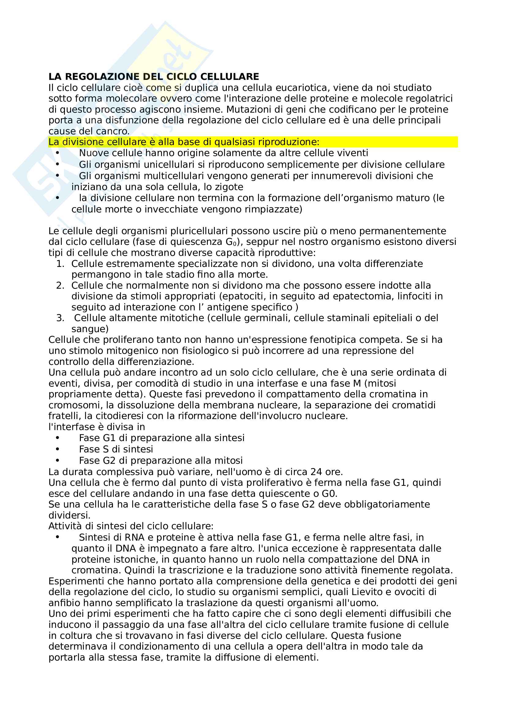 La regolazione del ciclo cellulare Pag. 1