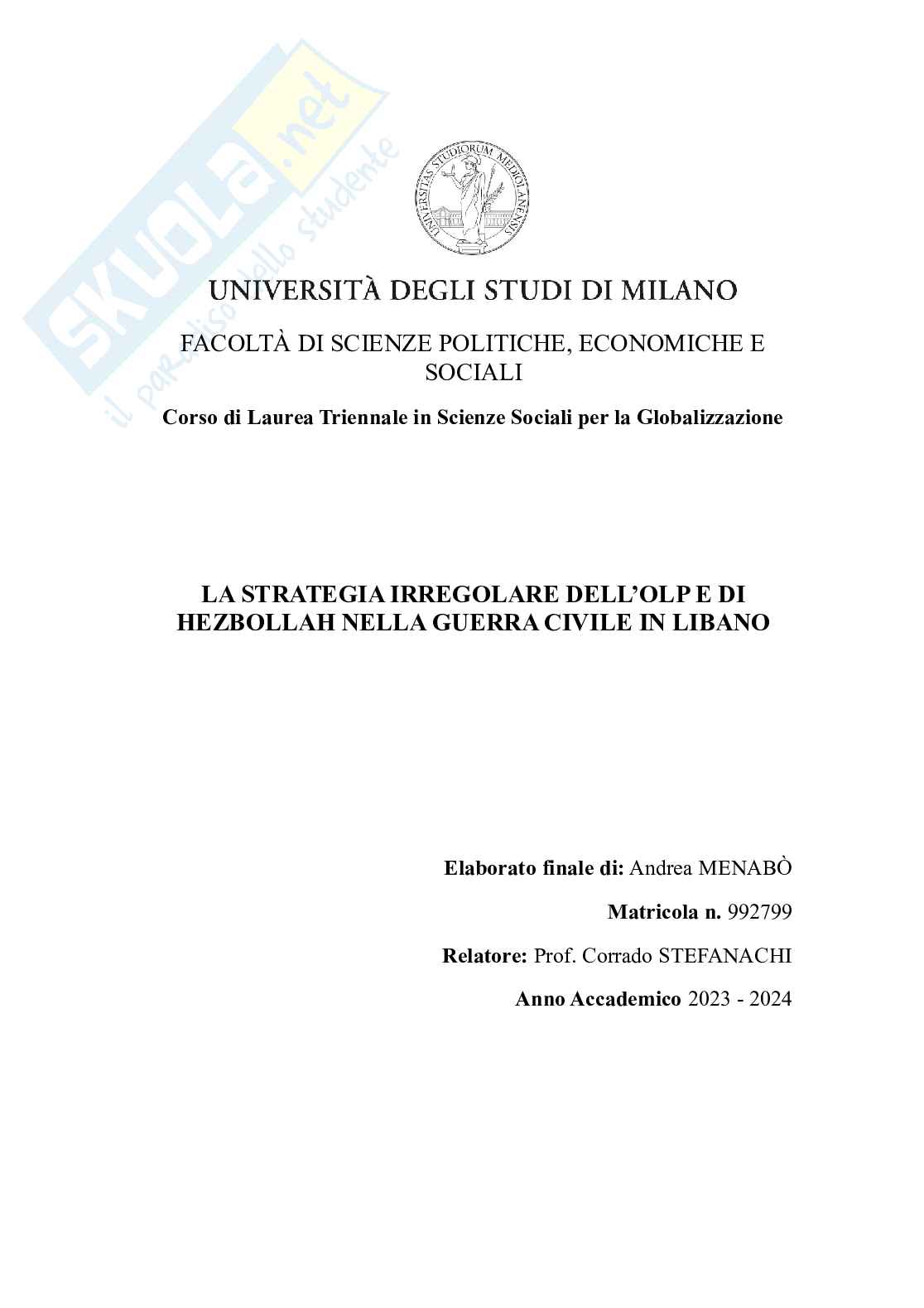 Strategia di guerriglia dell'OLP e di Hezbollah nella guerra civile in Libano Pag. 1