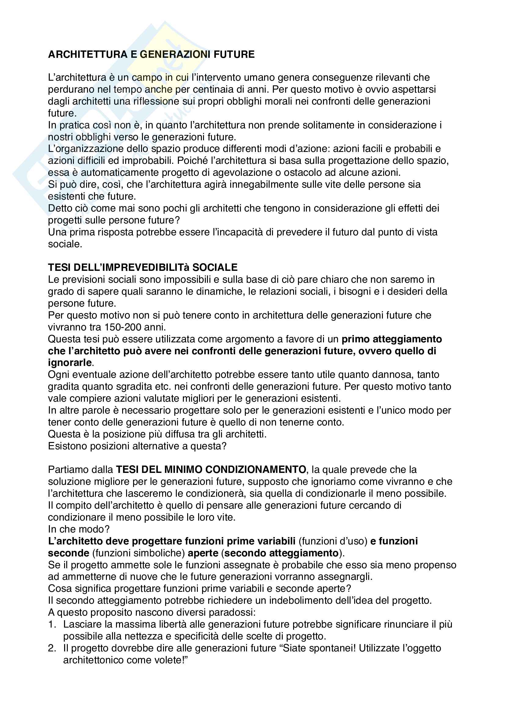 Riassunto esame Metodologia del Progetto, prof. Bacchini, articolo consigliato Architettura e generazioni future, Bacchini Pag. 1