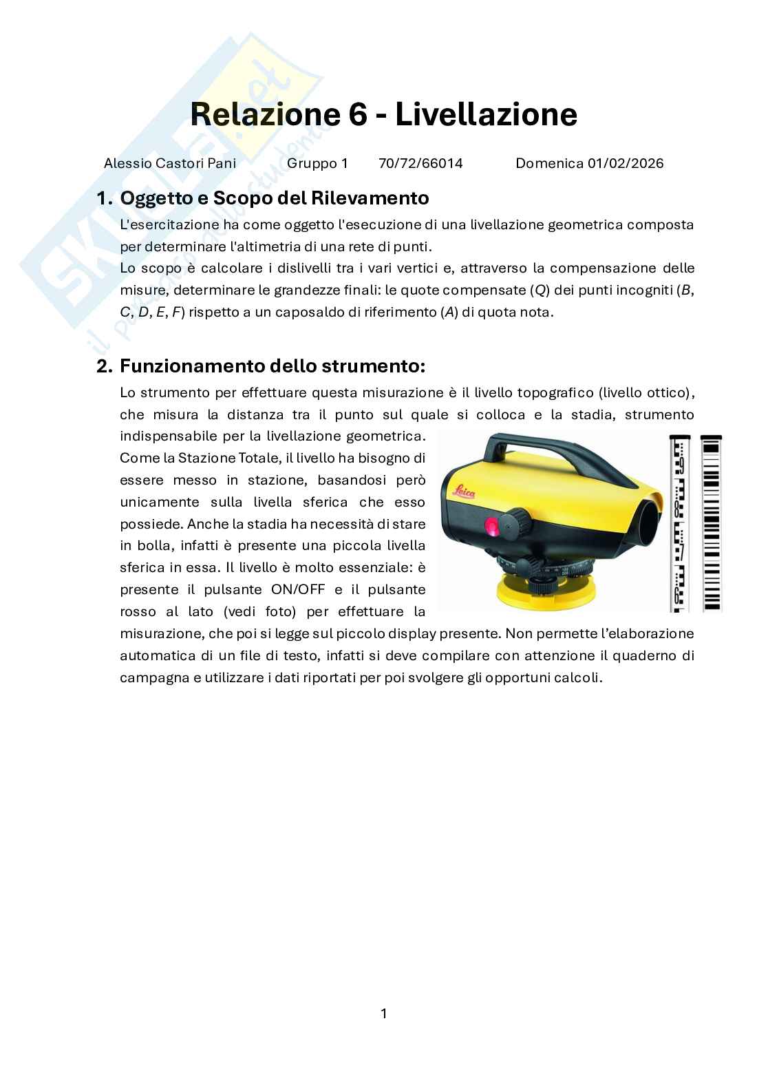 Relazione sulla livellazione geometrica Pag. 1