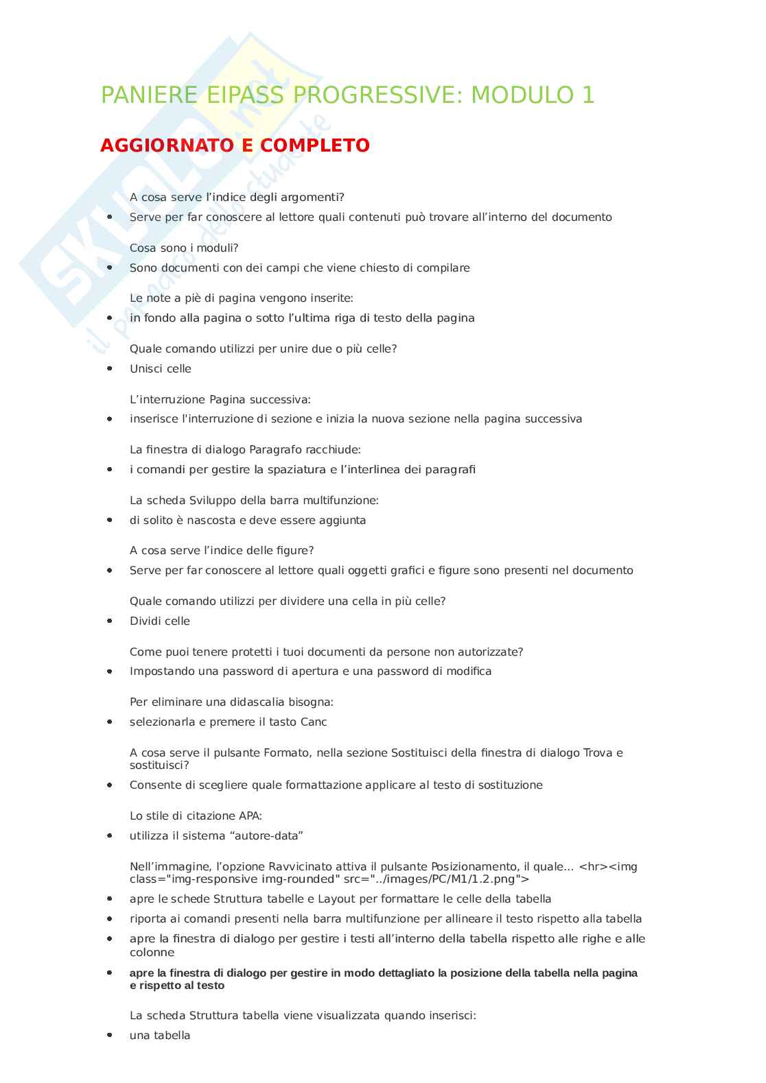 Paniere EIPASS Progressive Modulo 1: Word e Elementi di informatica. Aggiornato e completo. In ordine Pag. 1