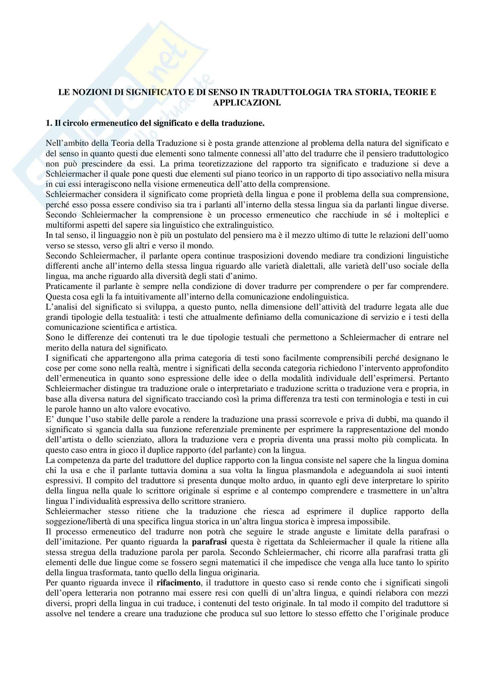 Riassunto esame Teoria della Traduzione, prof. Montella, libro consigliato I saperi del tradurre Pag. 1