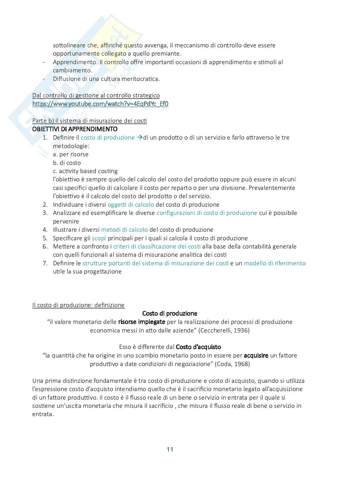 Riassunto esame Controllo di gestione, Prof. Manetti Giacomo, libro consigliato Programmazione e controllo, Arcari Pag. 11