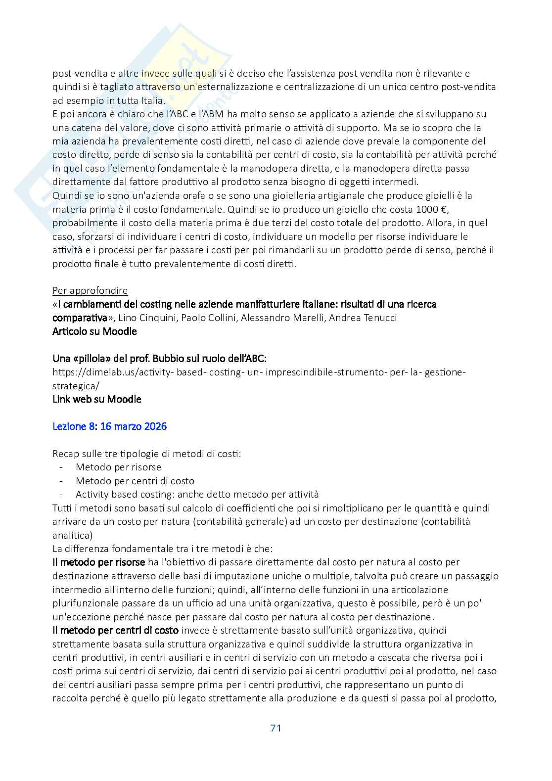 Riassunto esame Controllo di gestione, Prof. Manetti Giacomo, libro consigliato Programmazione e controllo, Arcari Pag. 71