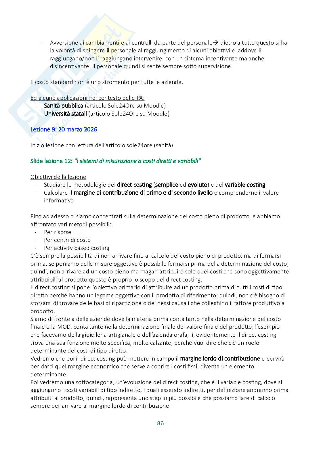 Riassunto esame Controllo di gestione, Prof. Manetti Giacomo, libro consigliato Programmazione e controllo, Arcari Pag. 86