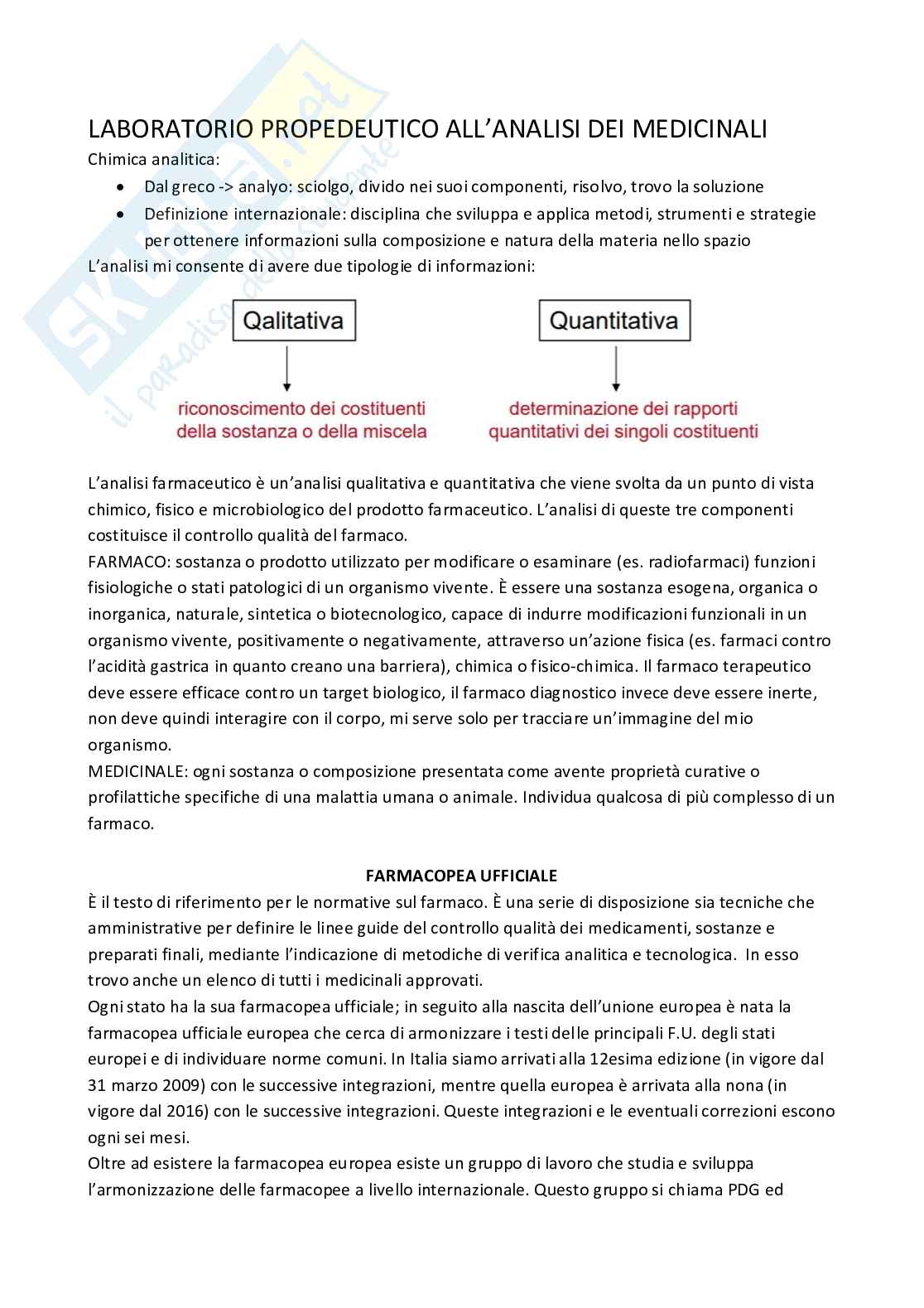 Appunti Laboratorio propedeutico all'analisi di medicinali Pag. 1