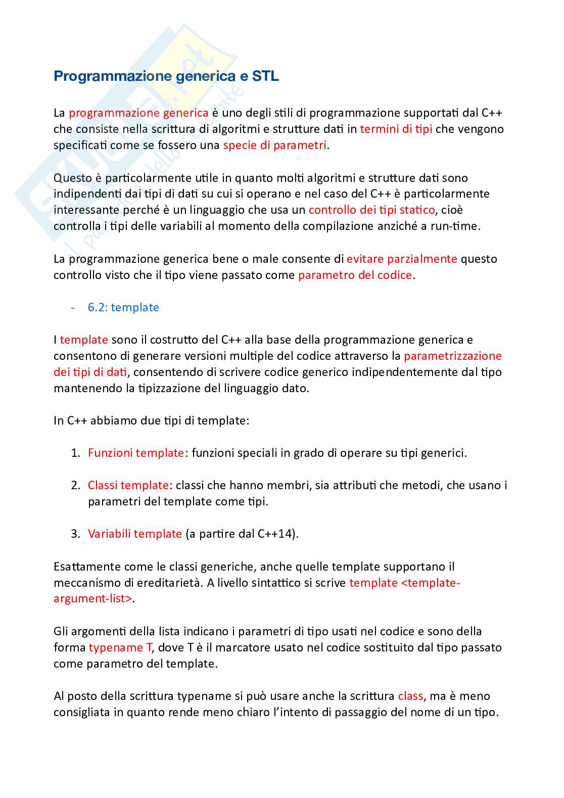 Appunti riassuntivi Programmazione (parte 4, programmazione generica e STL e RAII e smart pointer) Pag. 1
