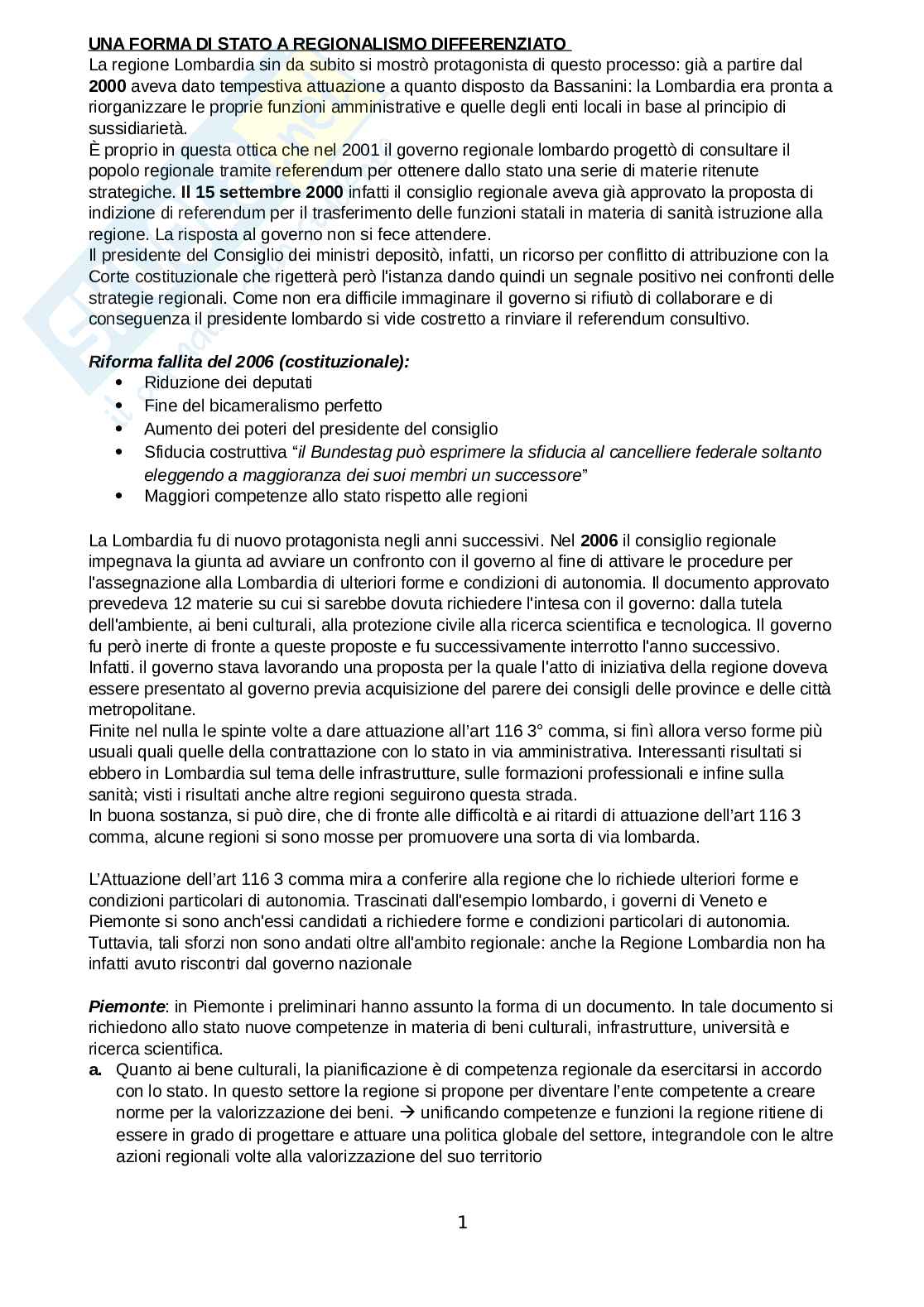 Riassunto esame Diritto Costituzionale, Prof. Tacchini Lorenza, libro consigliato Una forma di stato a regionalismo differenziato, Violini Pag. 1