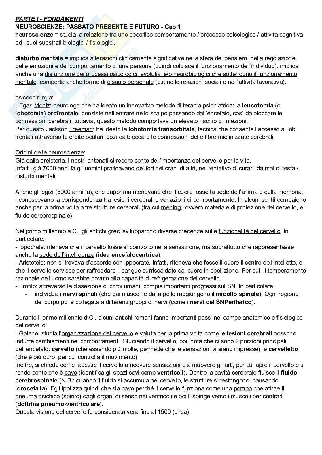 Riassunto esame Neuroscienze cognitive, Prof. Pellicciari Maria Concetta, libro consigliato Neuroscienze, Esplorando il cervello, Bear, Connors, Paradiso Pag. 1