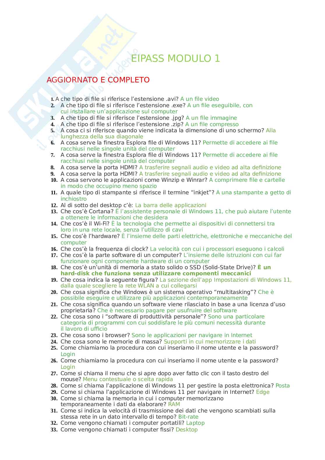 Nuova versione domande Eipass - Modulo 1: Fondamenti di informatica e Windows 11. Aggiornato e completo Pag. 1