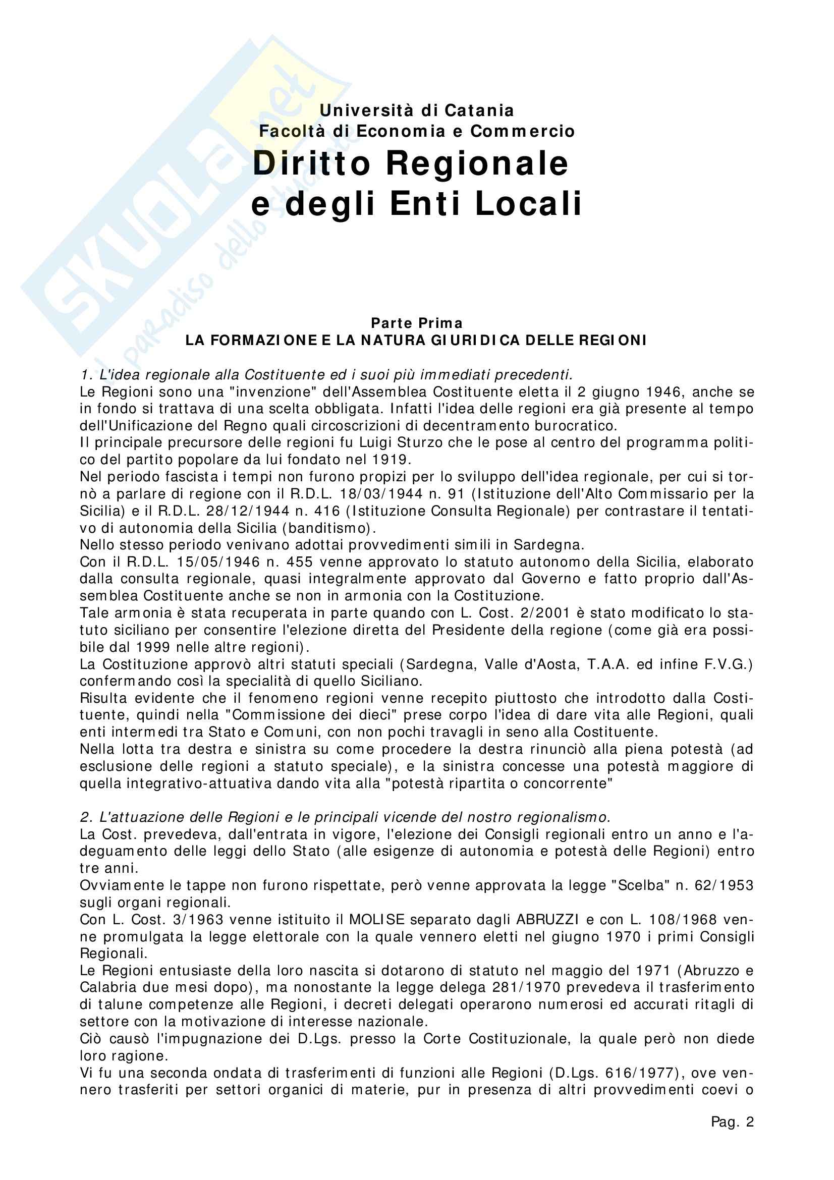 Riassunto esame Diritto Regionale, prof. Chiara, libro consigliato Lineamenti di Diritto regionale, Martines Pag. 1