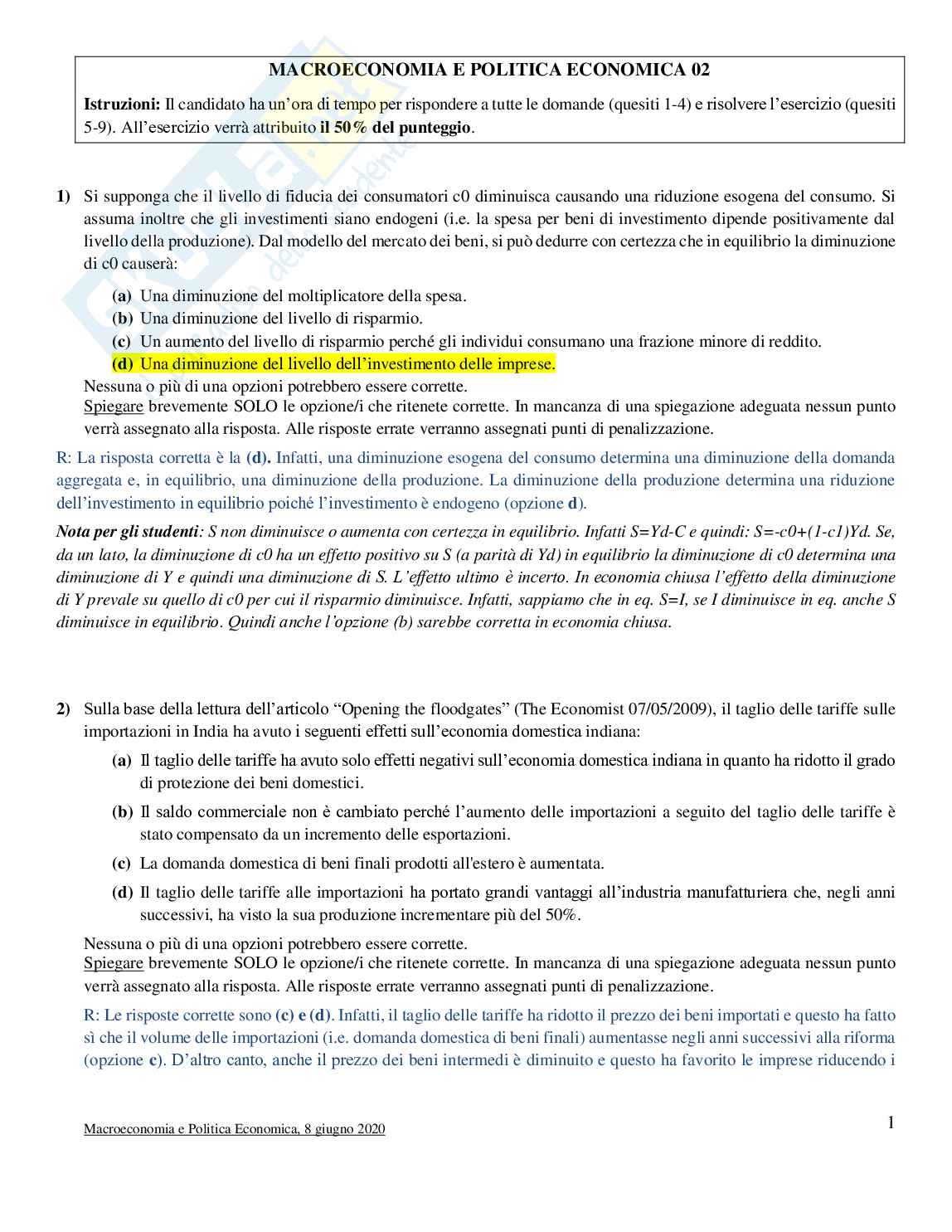 Esercitazione svolta vecchio esame Macroeconomia Pag. 1