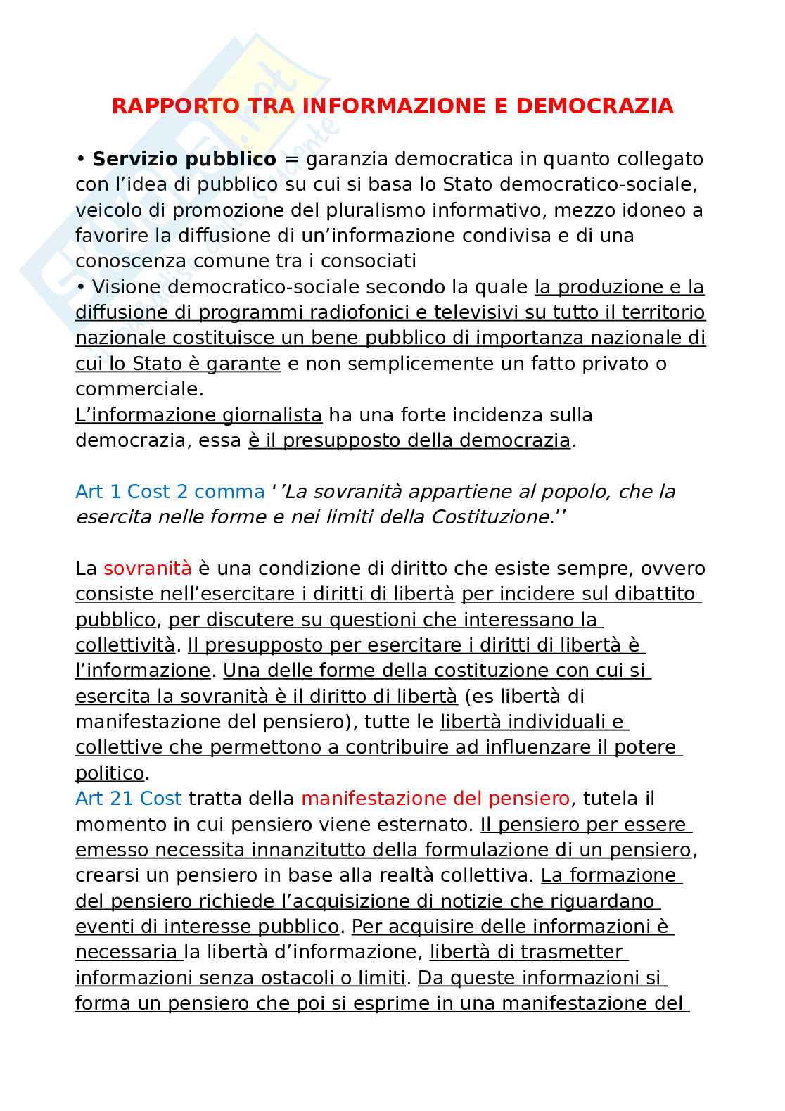 Riassunto esame Diritto Costituzionale dell'informazione giornalistica, Prof. Butturini Daniele, libro consigliato L'informazione giornalistica tra libertà, potere e servizio (Edizione 1), Butturini Pag. 1
