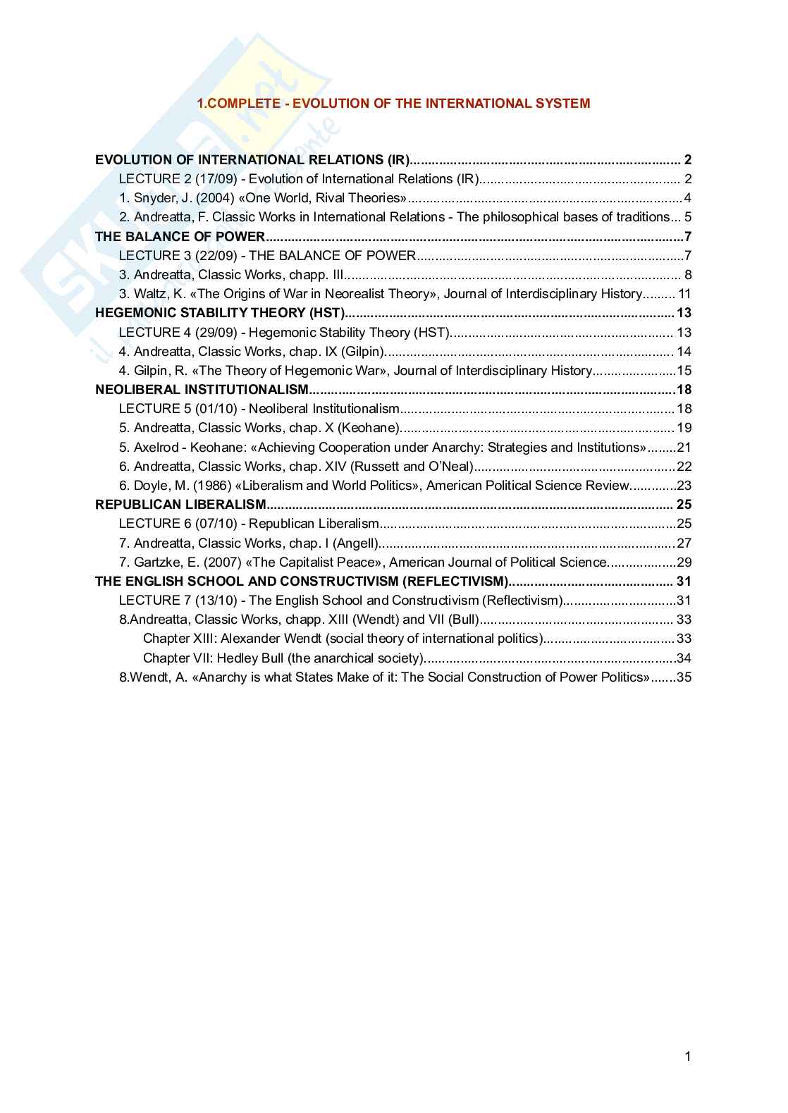 Riassunto esame Evolution of the international system, Prof. Andreatta Filippo, libro consigliato Classic Works in International Relations, Andreatta Pag. 1