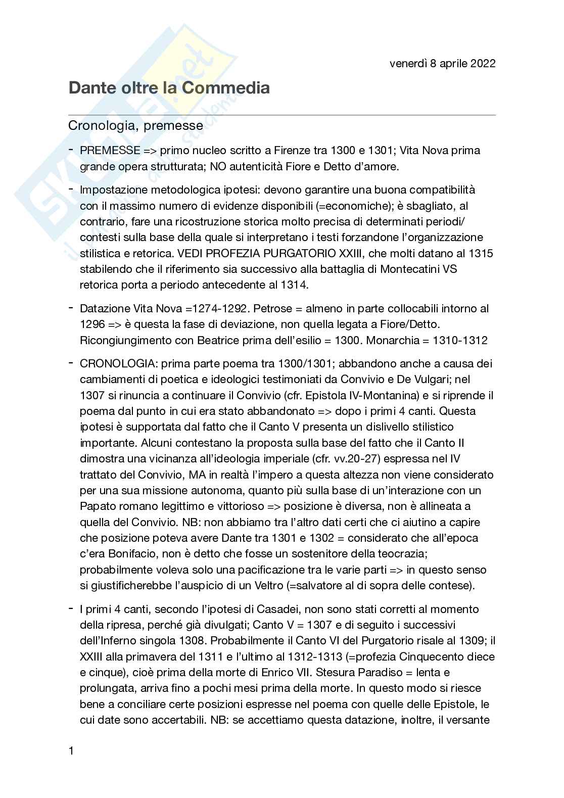 Riassunto esame Filologia e critica dantesca, Prof. Casadei Alberto, libro consigliato Dante oltre la Commedia, Alberto Casadei Pag. 1