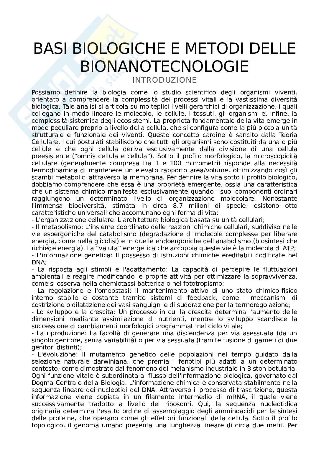 Appunti Basi biologiche e metodi per le bionanotecnologie Pag. 1