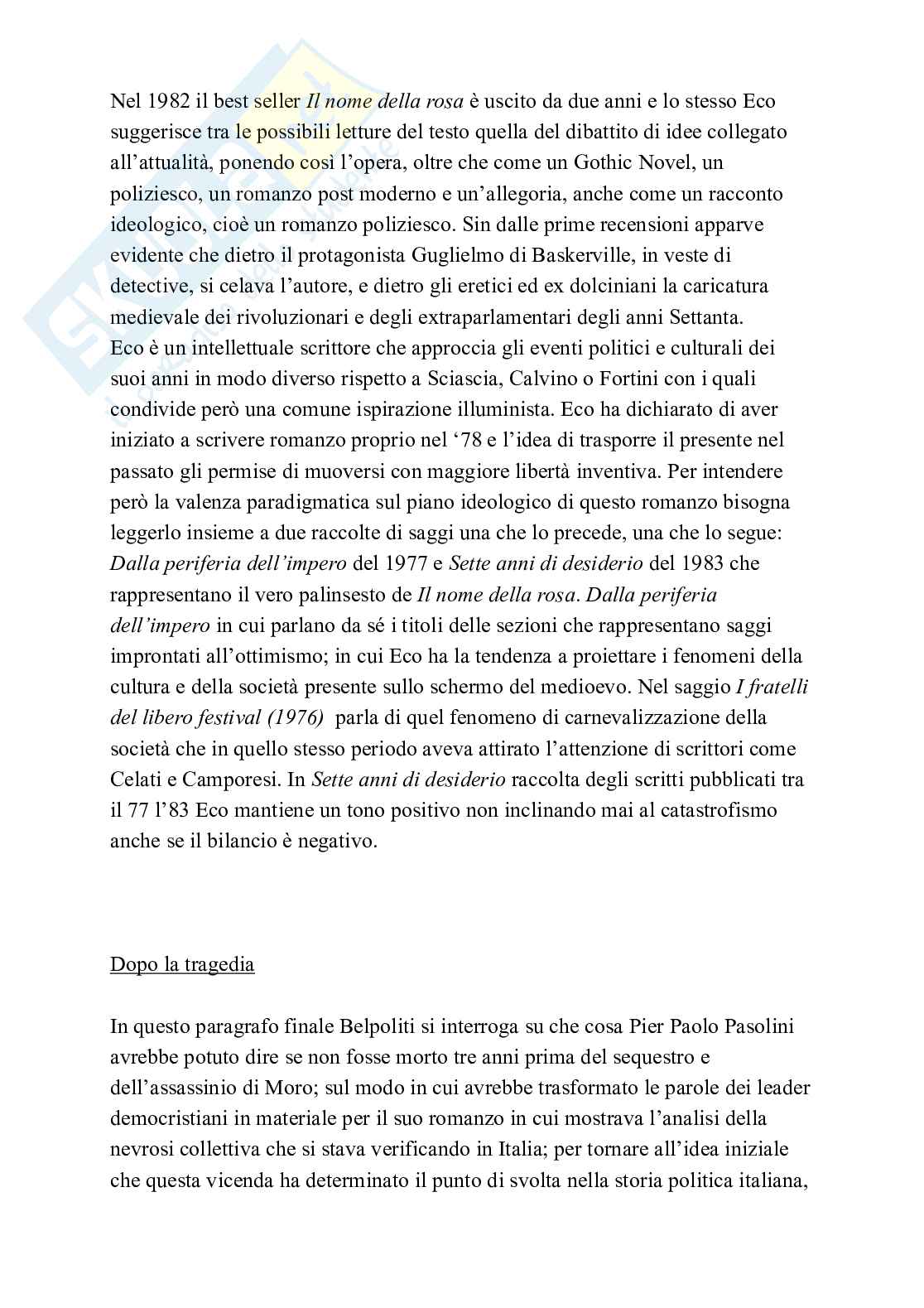 Riassunto per Letteratura italiana contemporanea, Prof. Weber, libro consigliato Settanta, Belpoliti Pag. 16